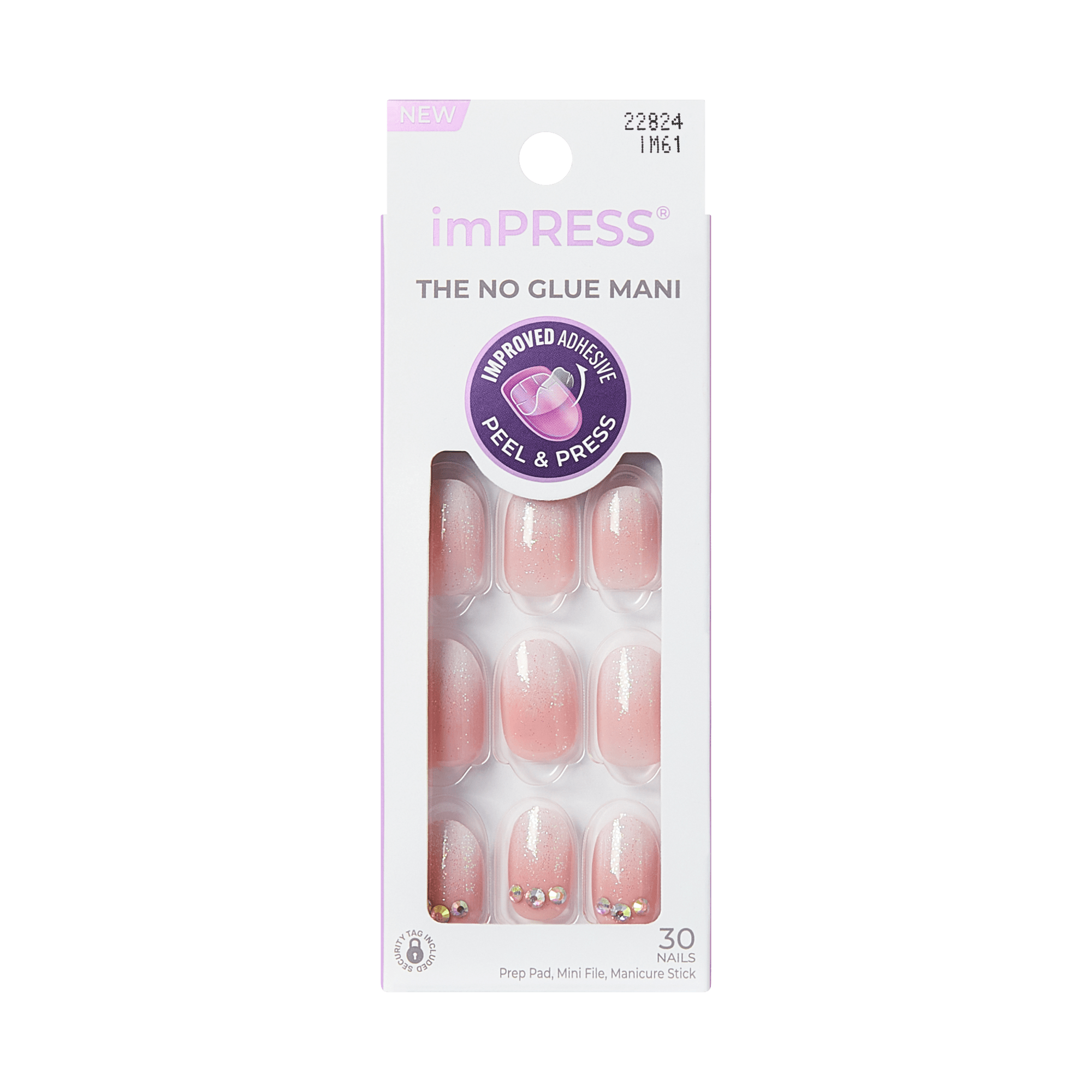 imPRESS The No Glue Mani press-on nails, 30 count, pink with rhinestones