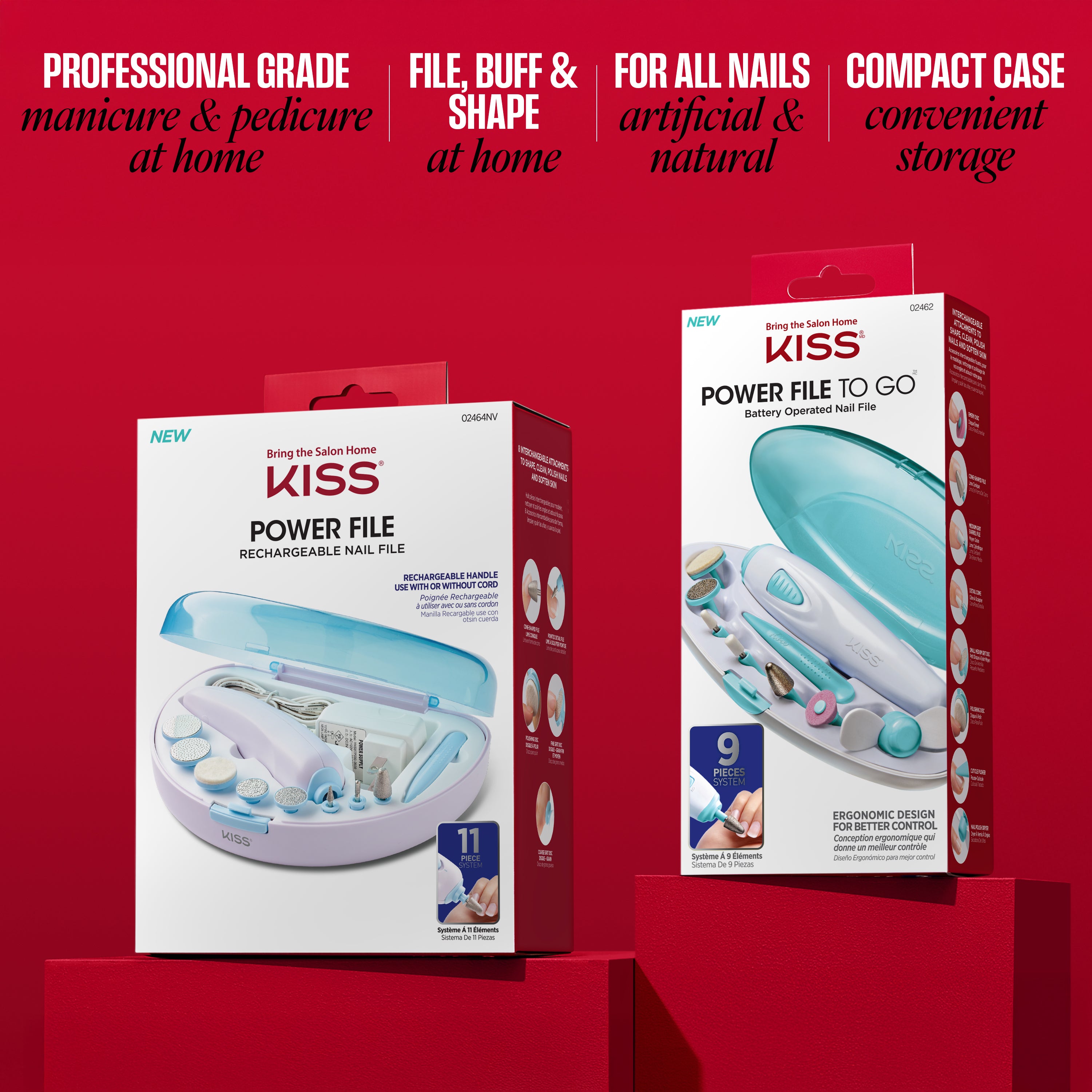 KISS Power File nail tools: rechargeable 11-piece set and battery-operated 9-piece portable set.