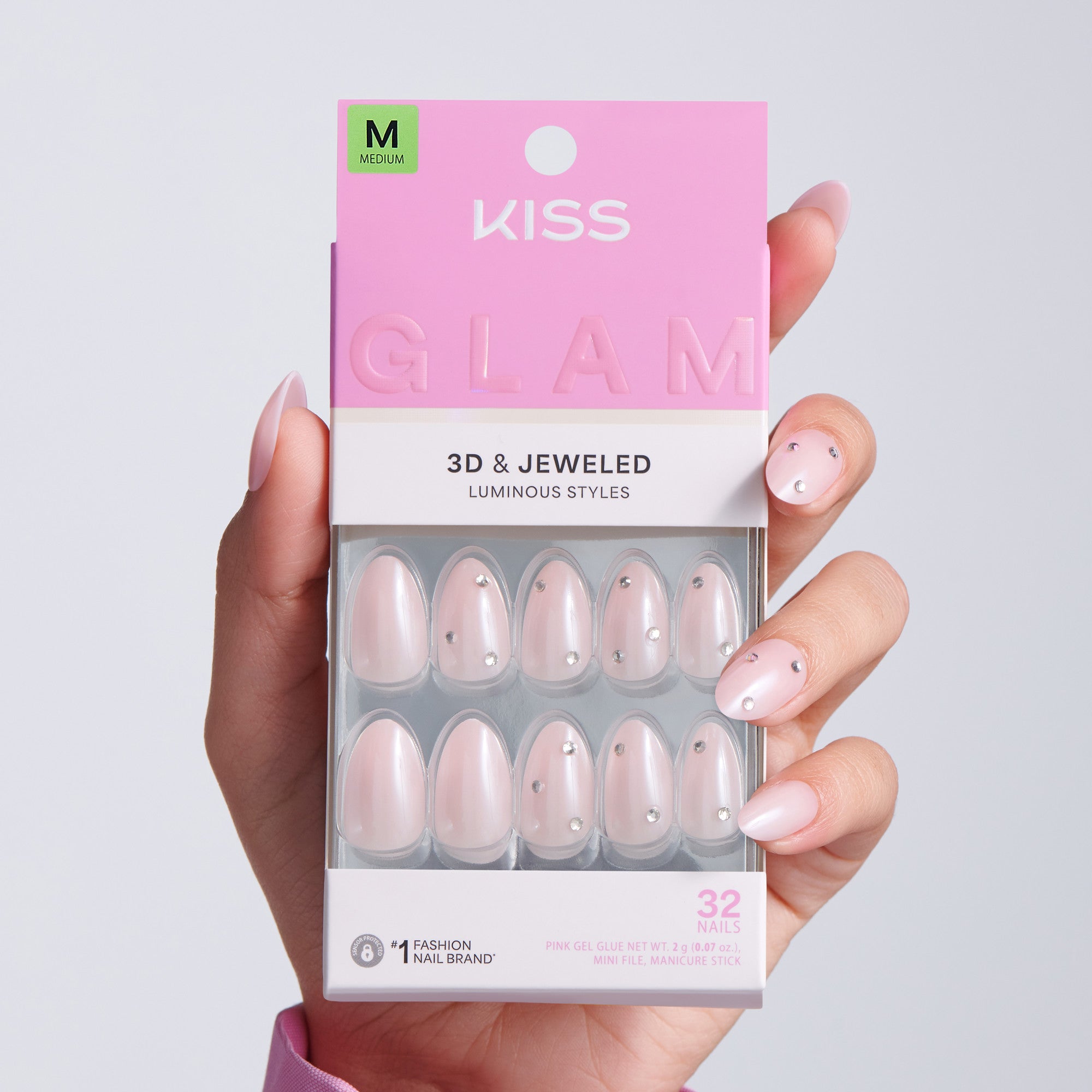Kiss Glam Jeweled Press On Fake Glue Nails - Candy Dust | 3D & Jeweled, Pink, Medium, Almond