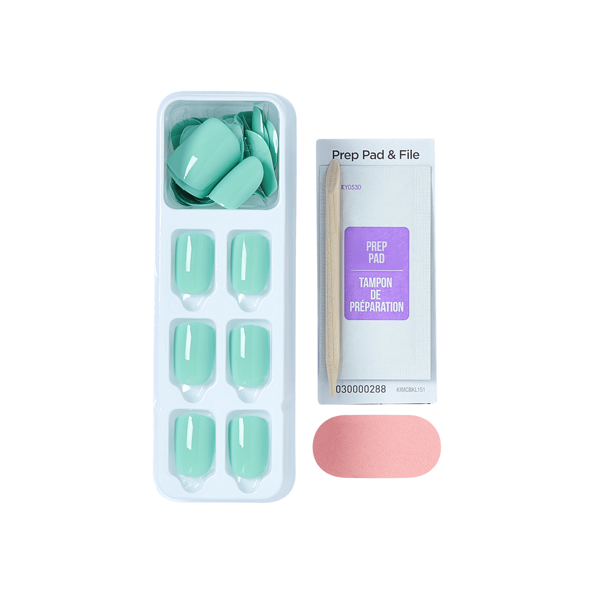 Mint green press-on nails with prep pad, file, and buffer applicator kit.