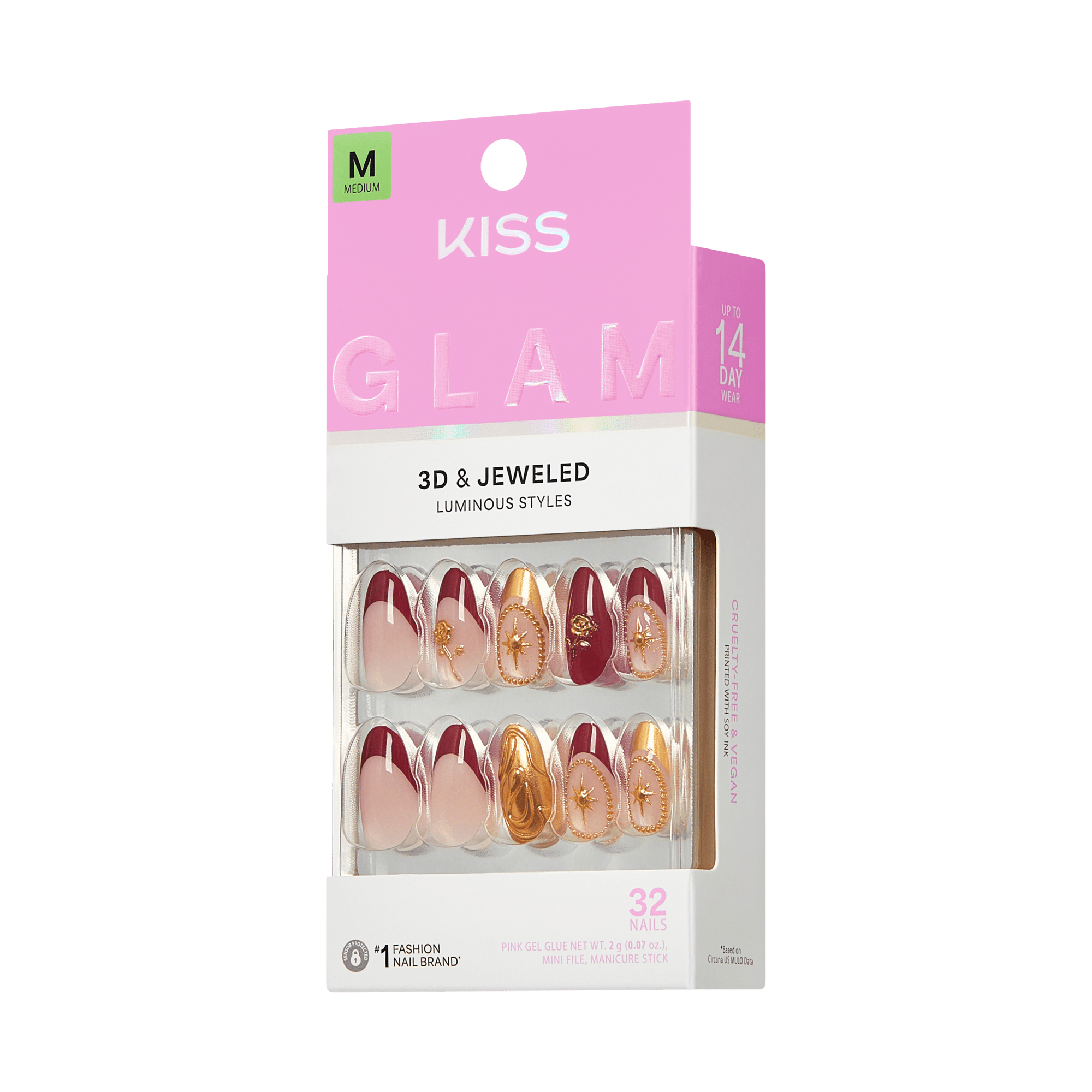 Kiss Glam 3D & Jeweled Press On Fake Glue Nails - Weekend | 3D & Jewel Design, Red, Medium, Almond