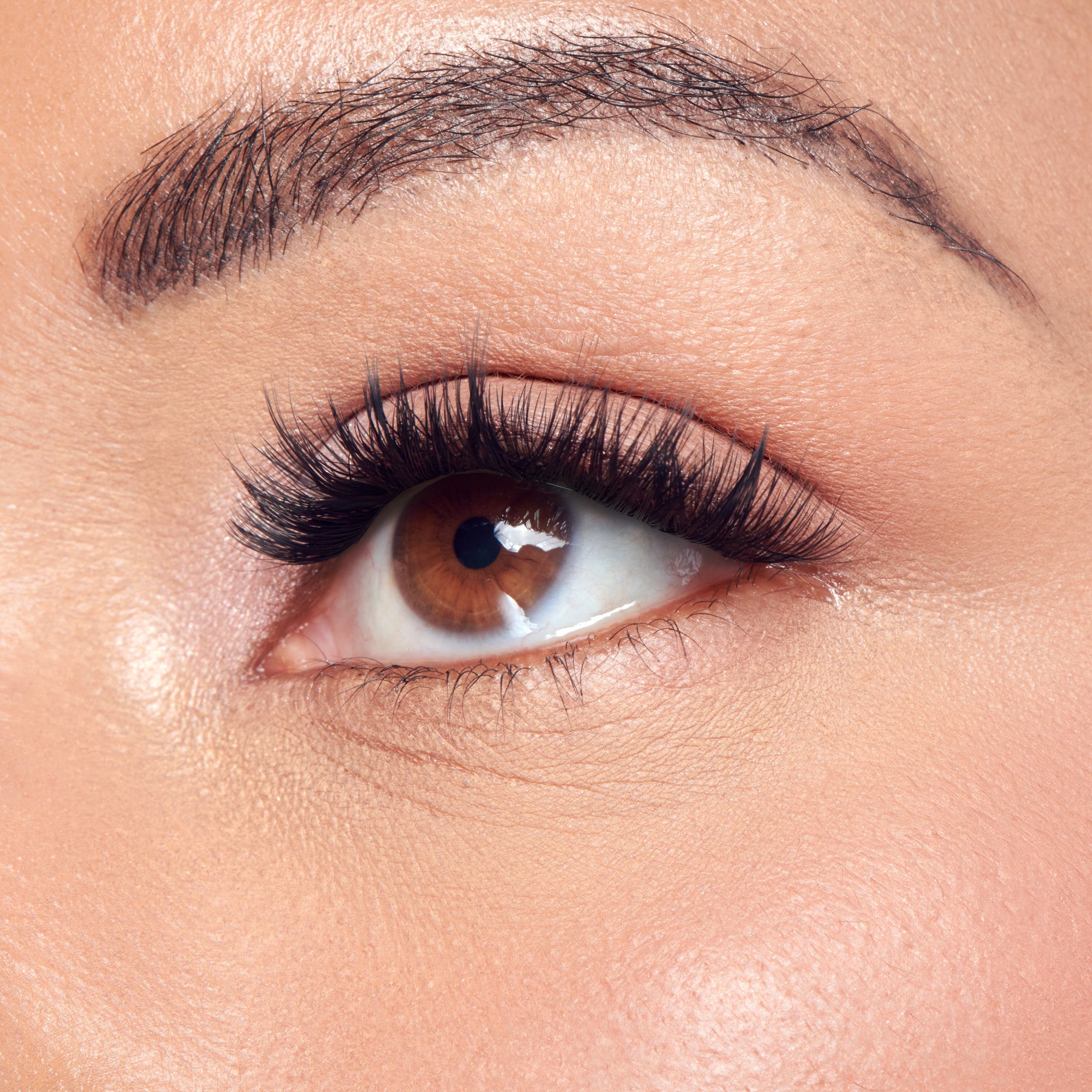 Close-up of brown eye with black eyeliner and full lashes, natural makeup look.