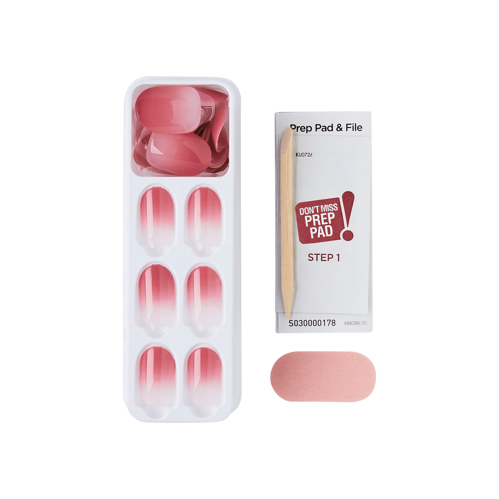 The image features a nail preparation kit. It includes a tray with several false nails in a gradient pink color, transitioning from a darker shade at the top to a lighter one at the bottom. Next to the tray is a small package labeled "Prep Pad & File," which indicates it contains tools for nail preparation. The package has a bold red exclamation mark and the text "DON&