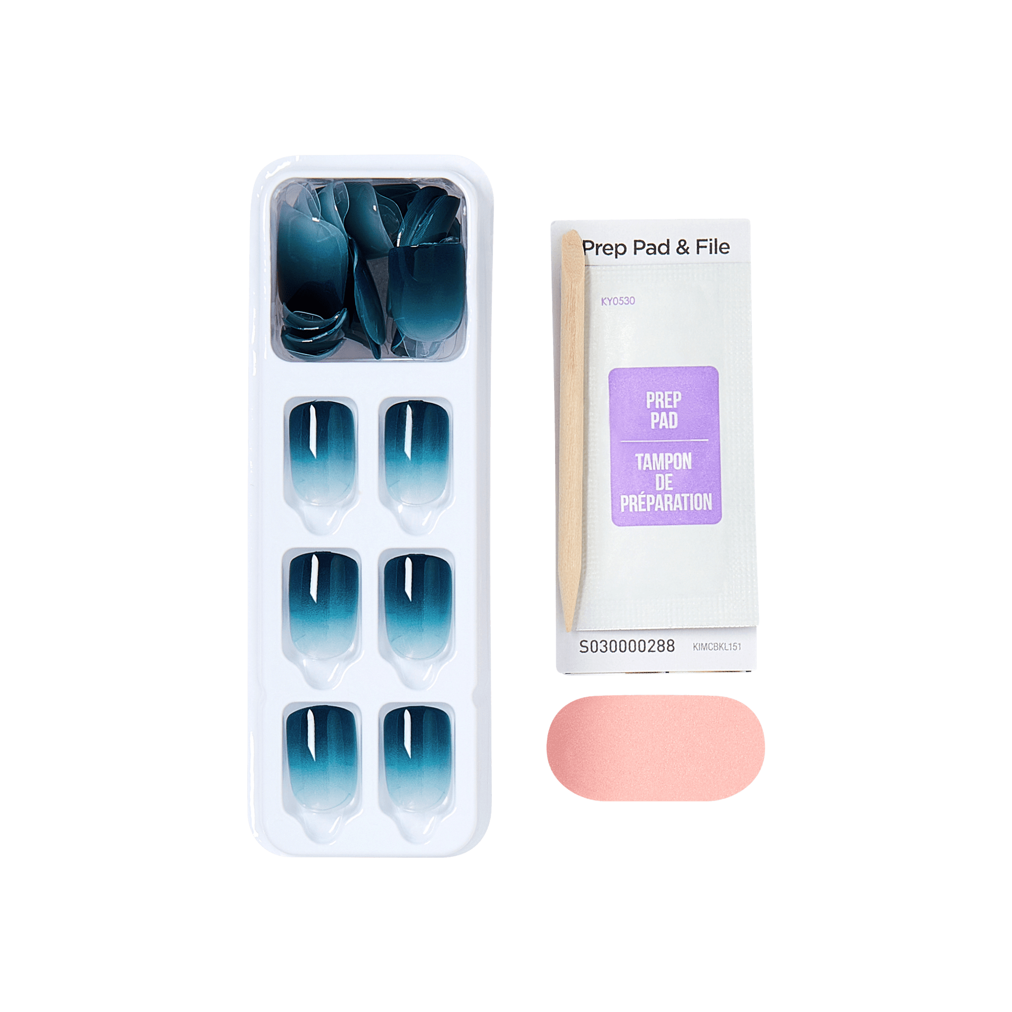 Nail polish kit with prep pad and file, featuring blue gradient press-on nails.
