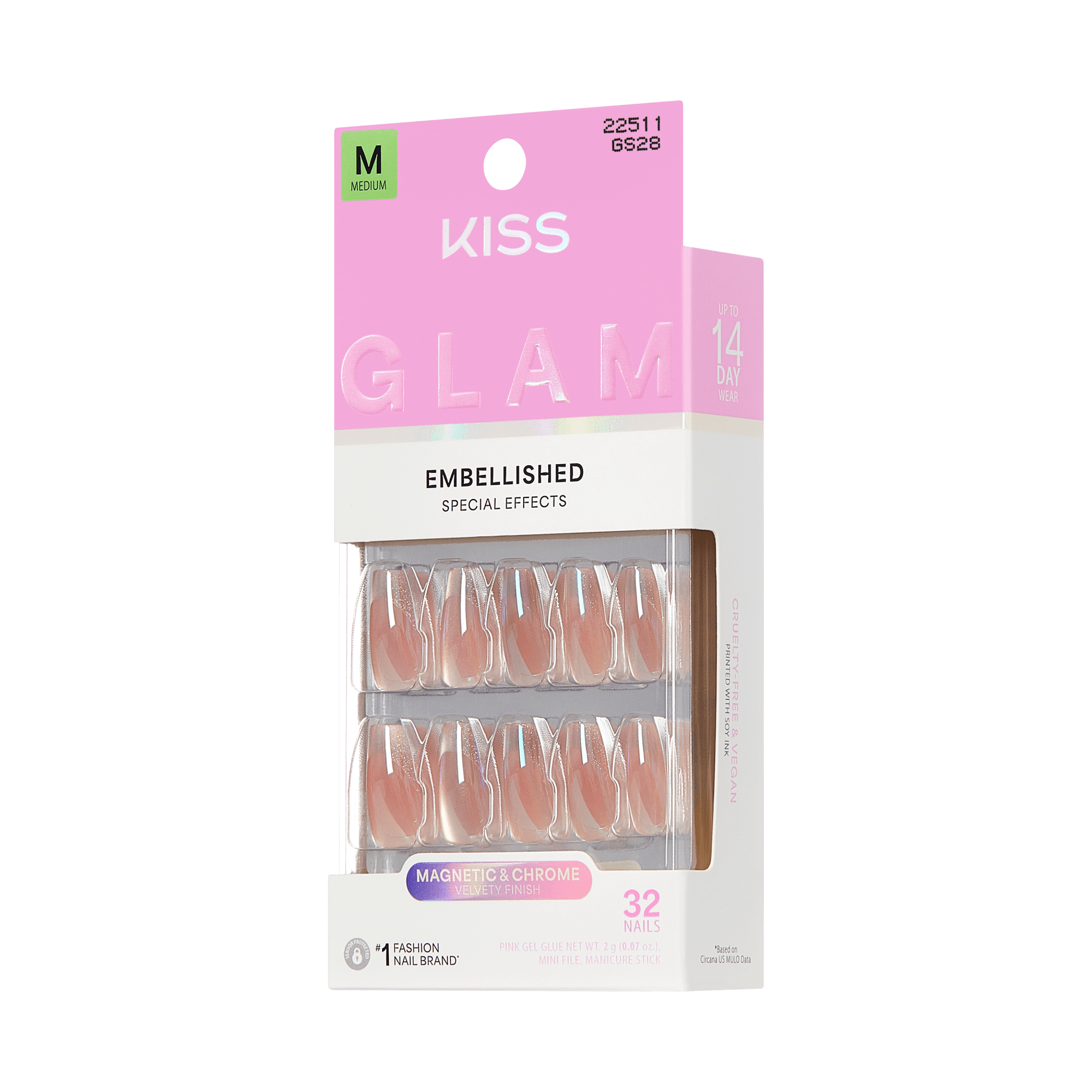KISS Glam Embellished false nails, 32 count, medium size, magnetic chrome finish.