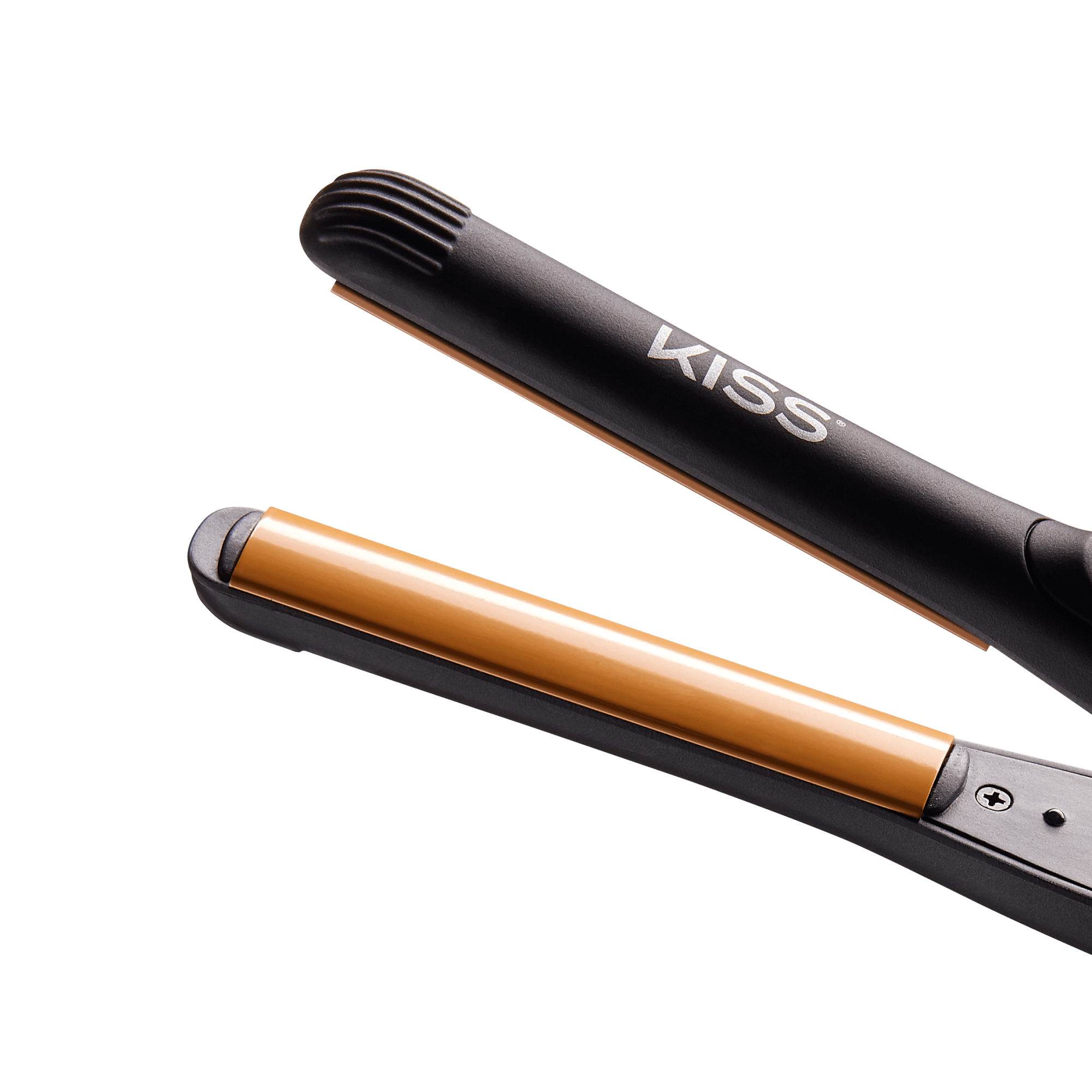 Black and gold KISS flat iron with 1/2-inch tourmaline ceramic plates, shown partially open on a transparent background.
