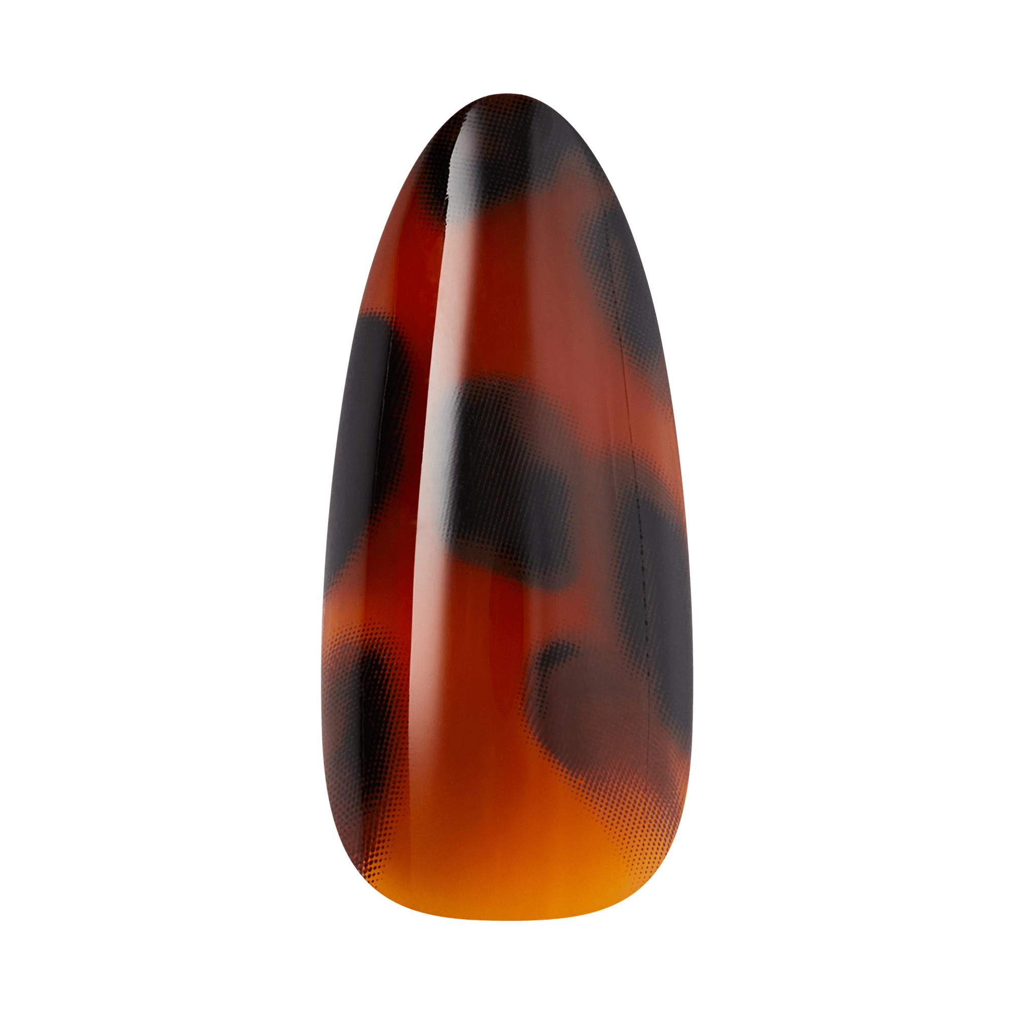 Teardrop-shaped object with red, orange, yellow, and black gradient colors and textured surface.