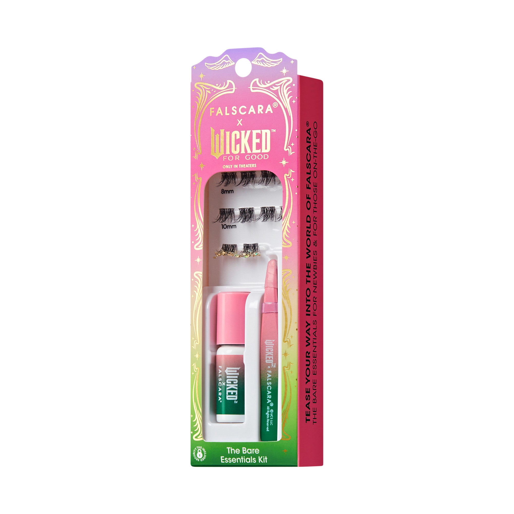 FALSCARA x WICKED For Good eyelash kit with three pairs of lashes (8mm, 10mm, and glitter), lash adhesive, and applicator in pink and green packaging.