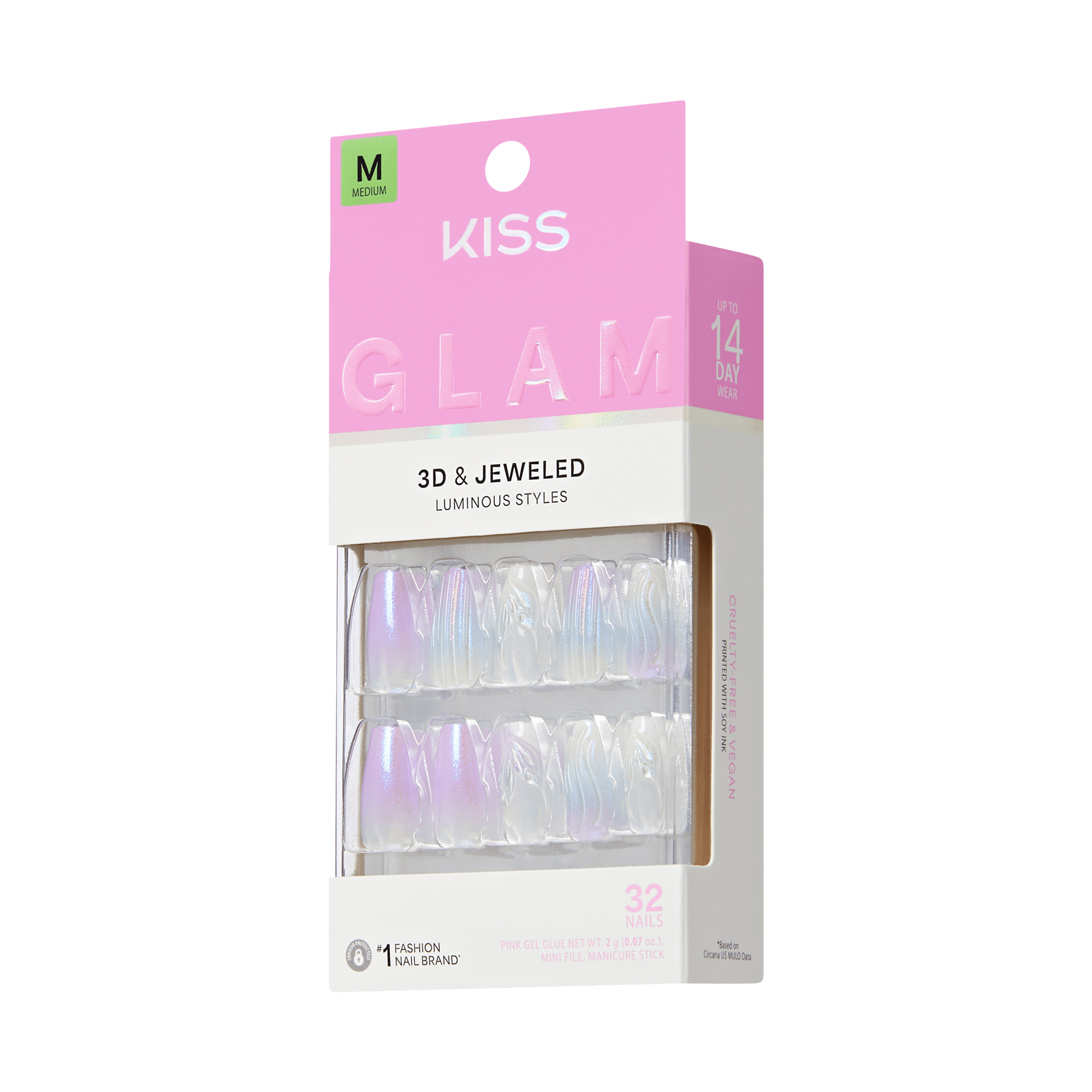Kiss Glam 3D & Jeweled nail art packaging on a green background