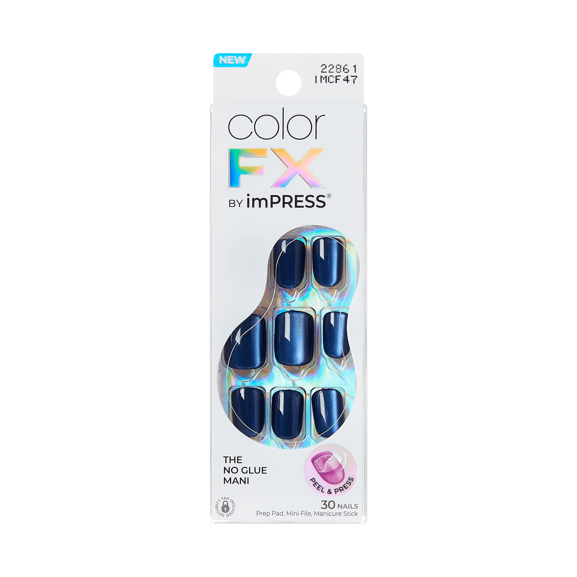 Color FX by imPRESS press-on nails in dark blue with holographic accents, 30 nails