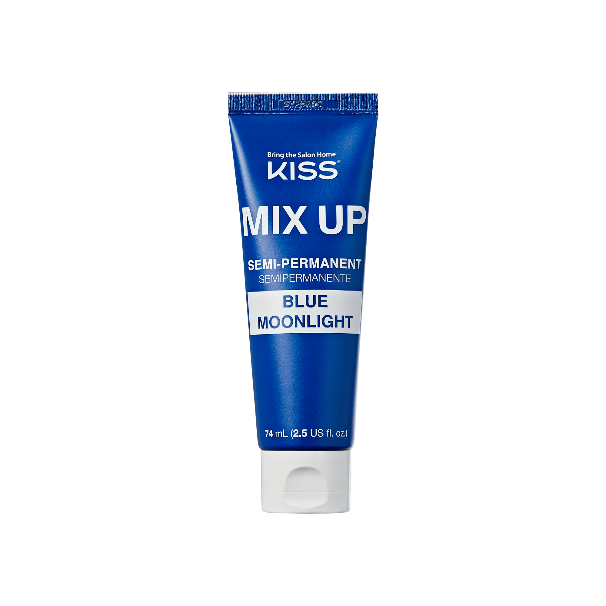 The image shows a tube of hair dye from the brand "KISS." The product is named "MIX UP" and is a semi-permanent hair color. The specific shade is "Blue Moonlight." The tube is predominantly blue with white text. It contains 74 ml (2.5 US fl. oz) of product. The cap of the tube is white. The text on the tube also includes the phrase "Bring the Salon Home.