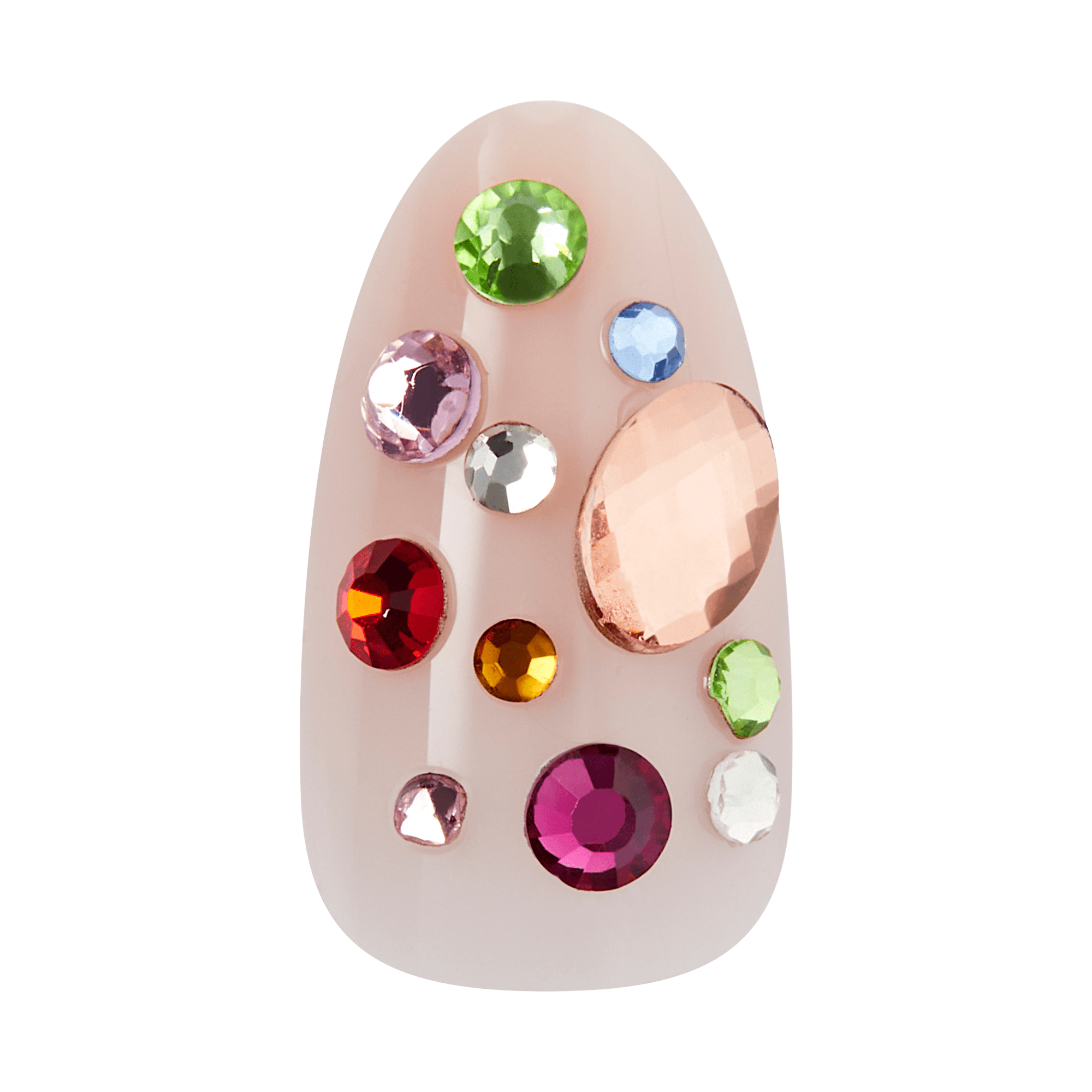 Beige nail art palette with colorful gemstone embellishments