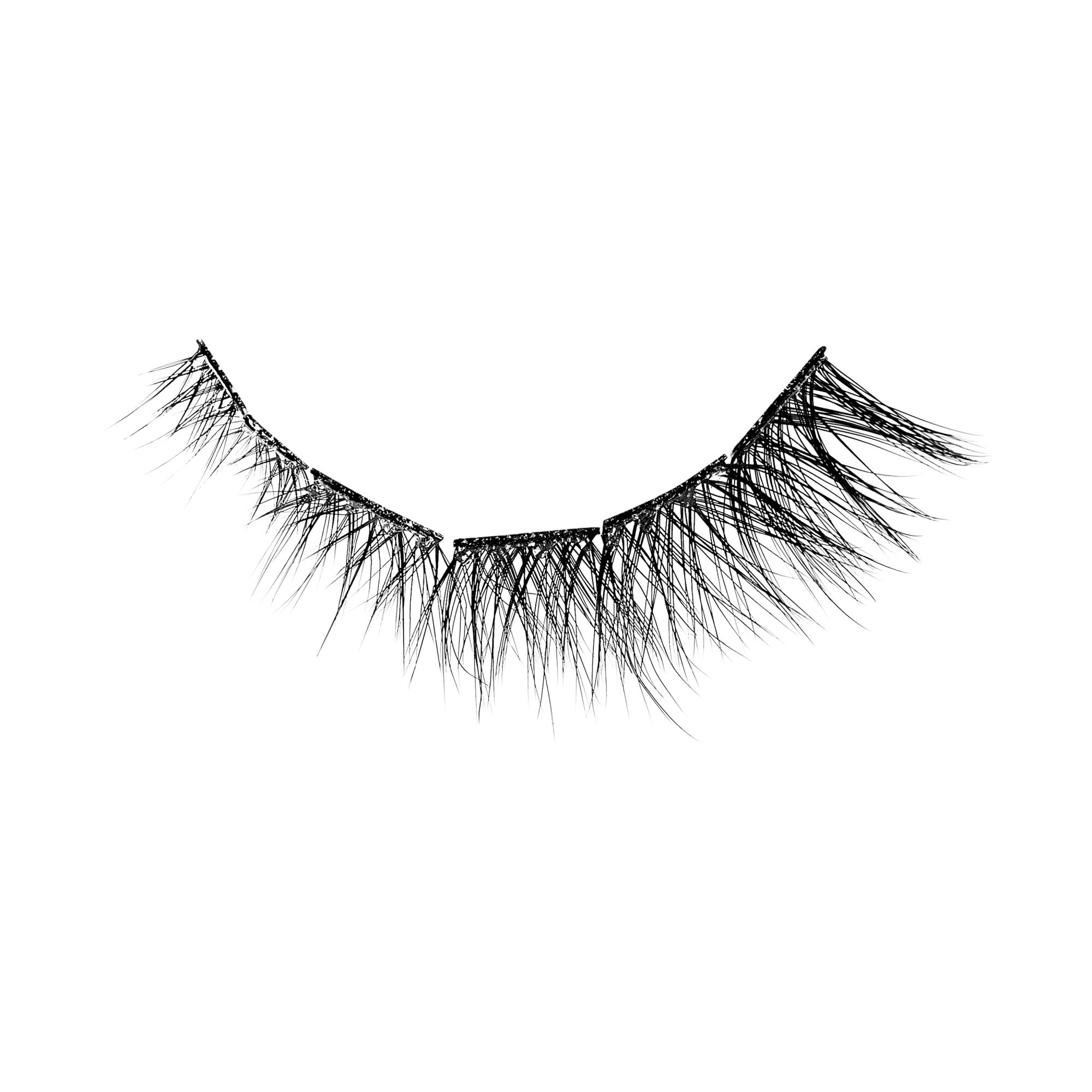 The image features a pair of false eyelashes displayed against a white background. The lashes are long and wispy, with varying lengths that create a natural, fluttery appearance. The design emphasizes a fuller look towards the center, tapering off at the ends, which enhances the eyes&