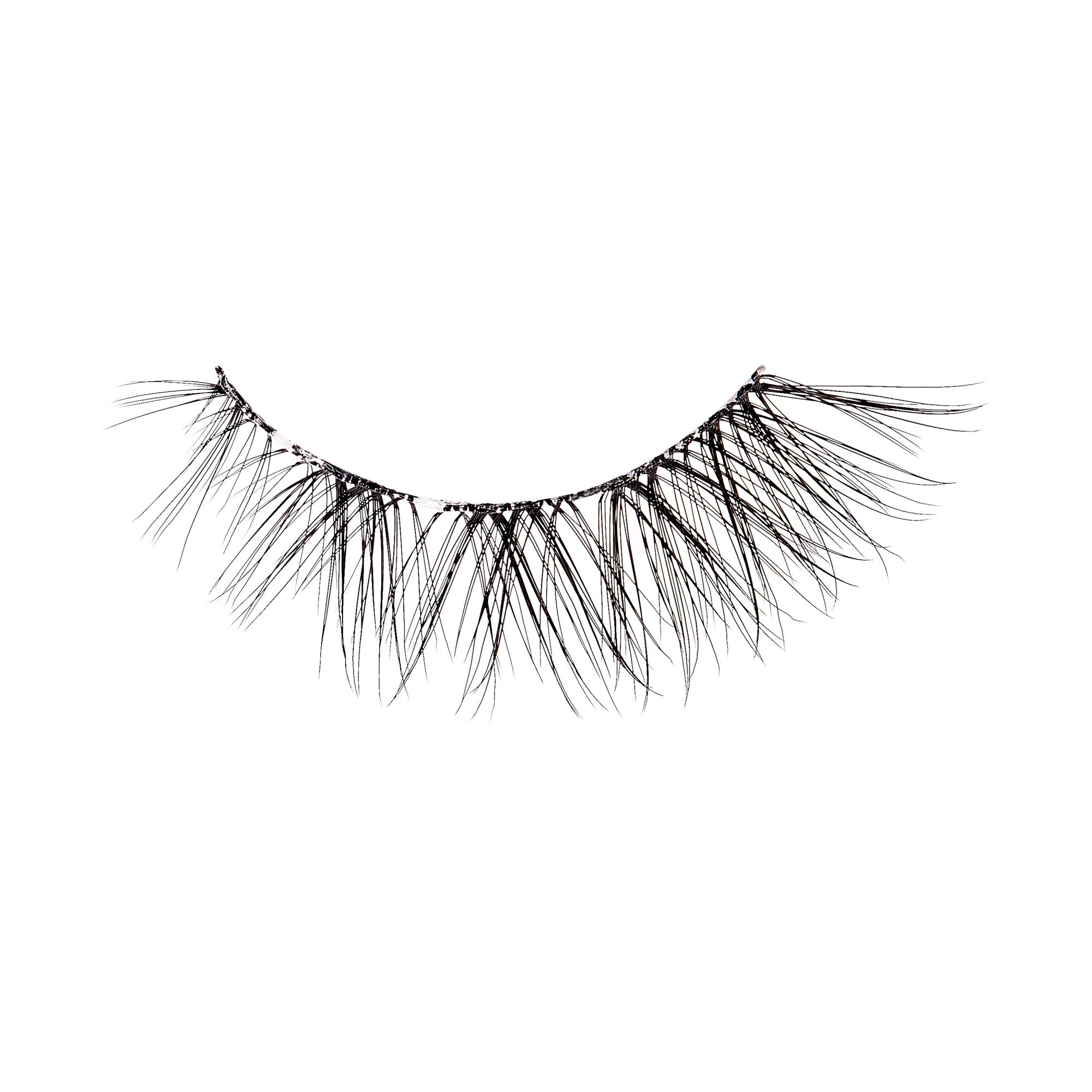 The image shows a single false eyelash. The eyelash is curved to fit the natural shape of the eye and features long, wispy strands that vary in length, creating a voluminous and fluttery appearance. The base of the eyelash is a thin, flexible strip designed to adhere to the eyelid. The strands are densely packed towards the base and become sparser towards the tips, giving a natural yet dramatic look. The overall color of the eyelash is black.