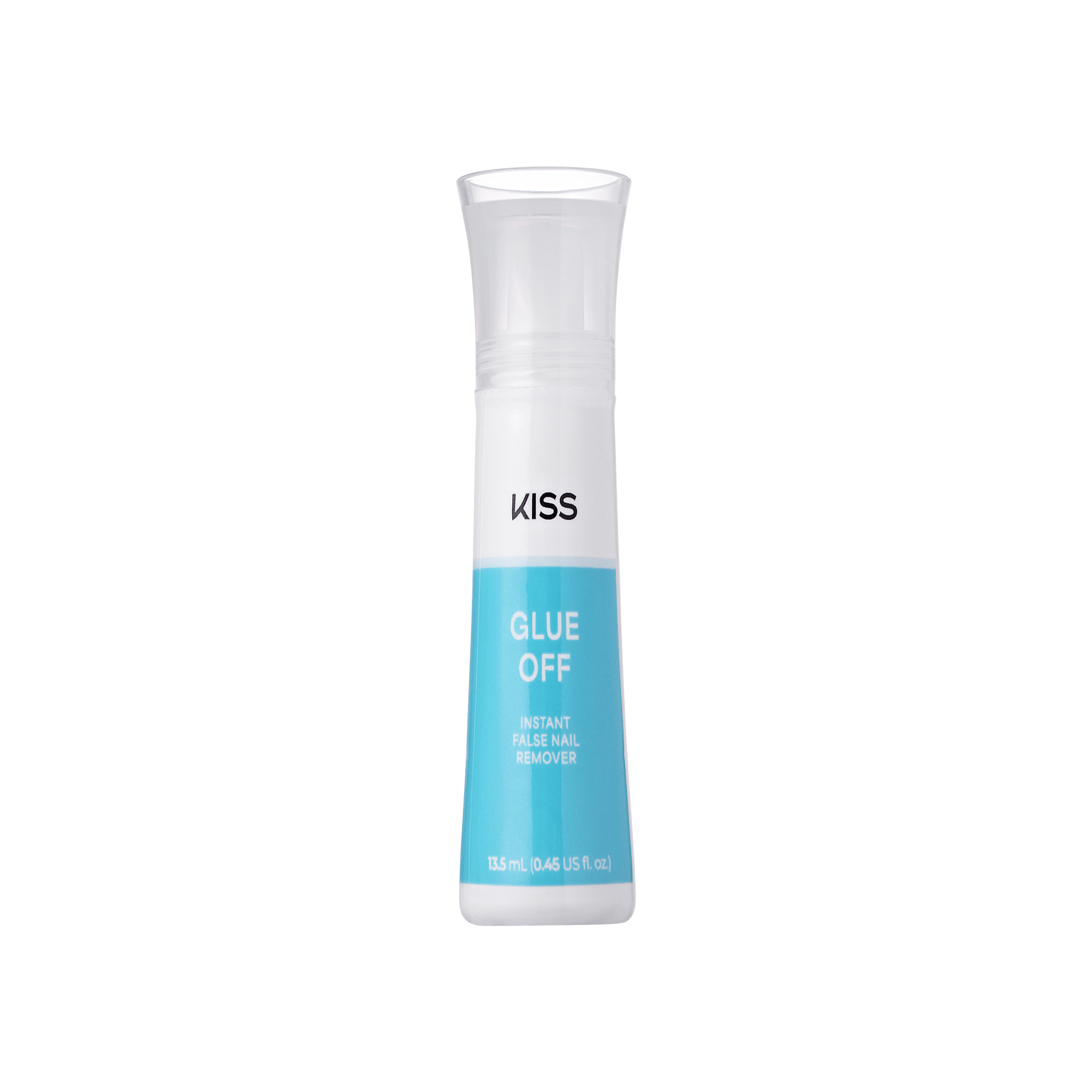 KISS Glue OFF press-on nails remover in a white and blue bottle with a clear cap, labeled for instant false nail removal, 13.5 mL (0.45 fl oz).