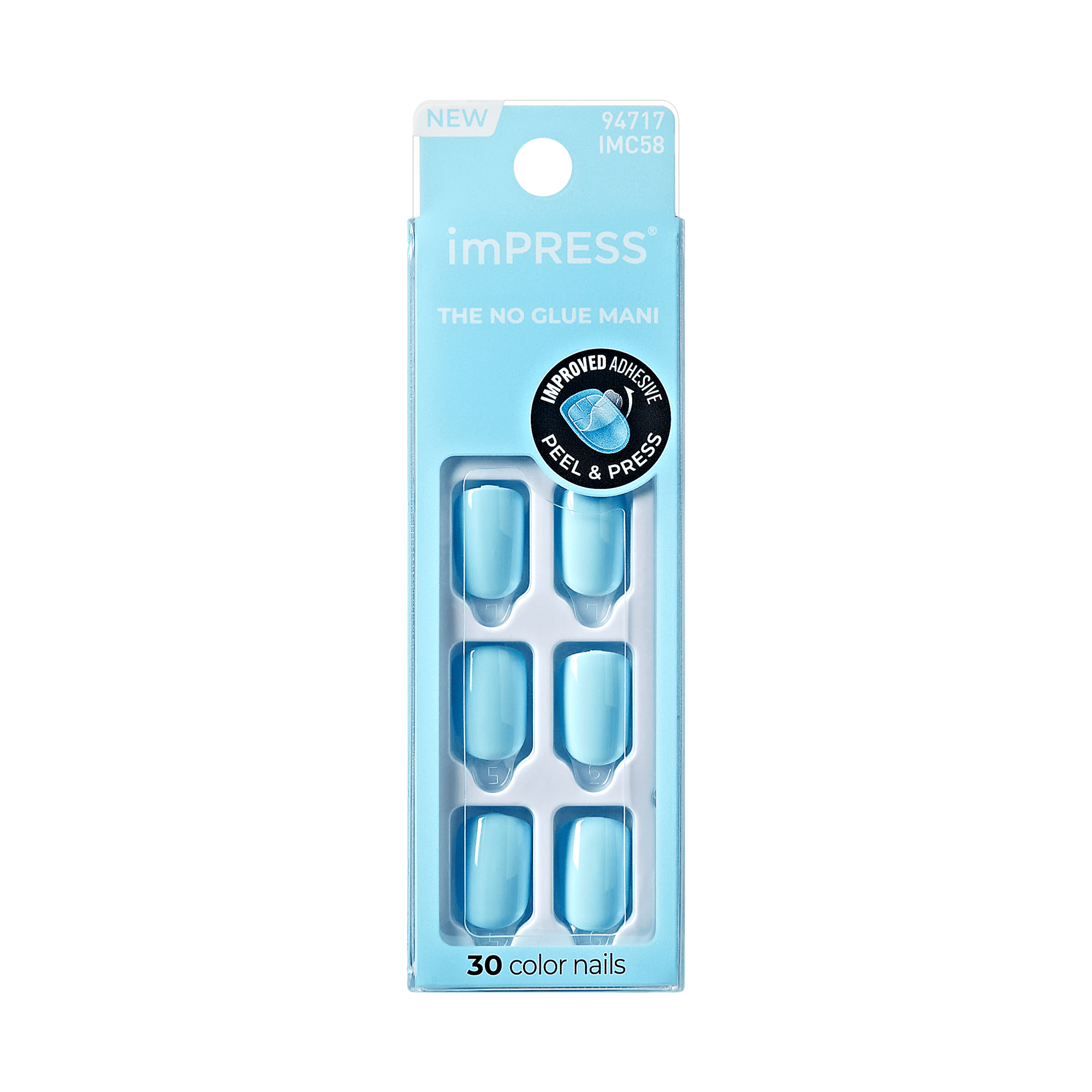 The image features a packaging for imPRESS color nails, specifically designed for a no-glue manicure. The packaging is light blue and showcases six artificial nails in a similar shade. It highlights that the product is new and includes an improved adhesive for easy application. The package indicates that it contains 30 color nails, emphasizing the convenience of a peel-and-press method for nail application.