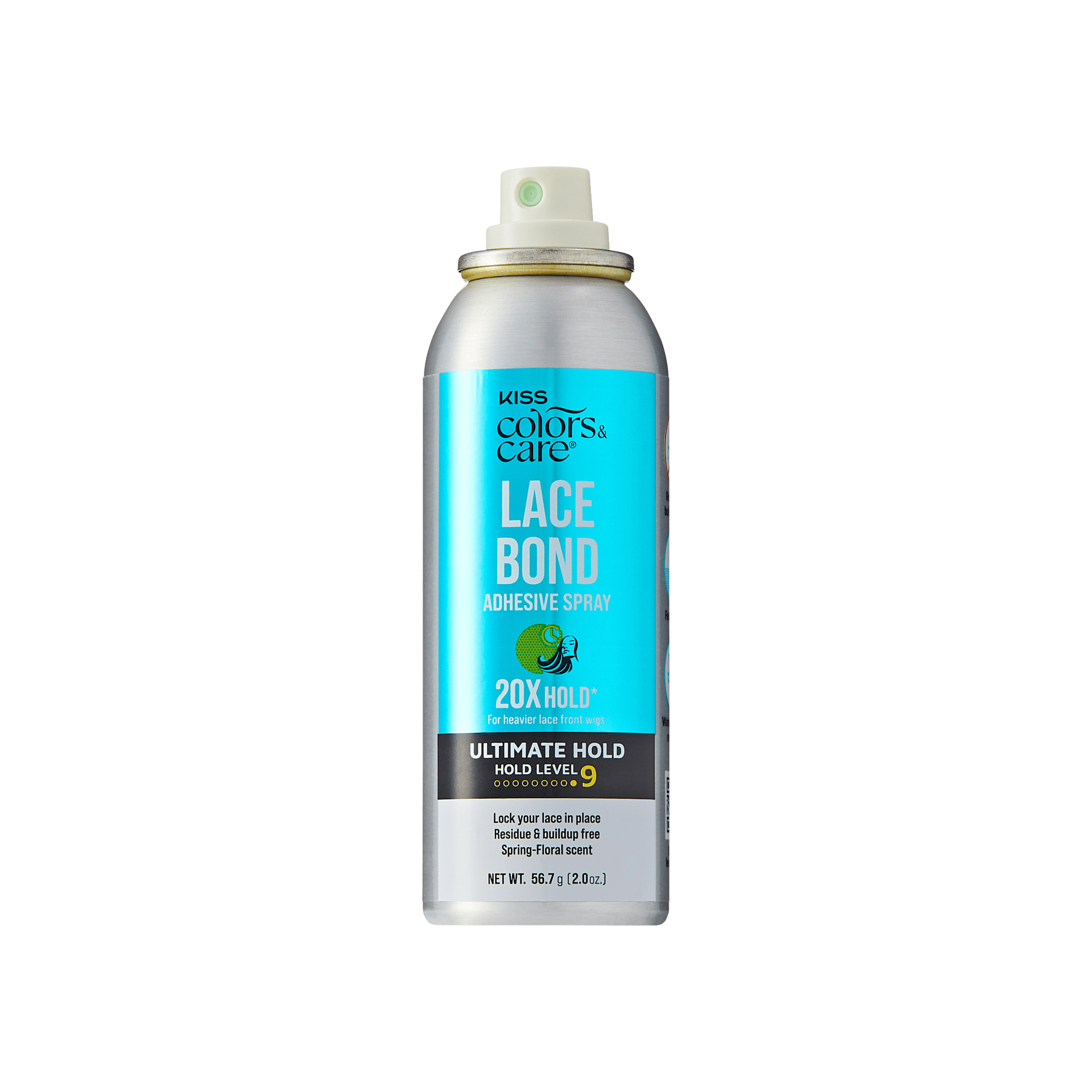 Kiss Colors & Care Lace Bond Adhesive Spray can on a green background