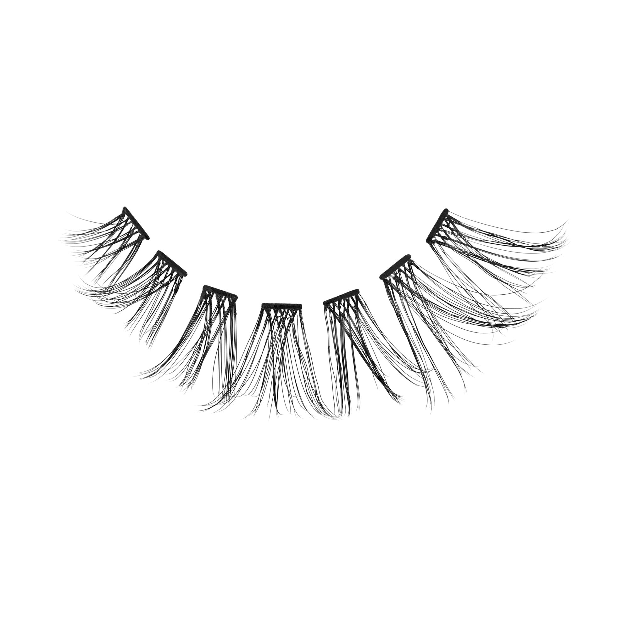 Pair of black false eyelashes with layered, feathered lashes on white background.
