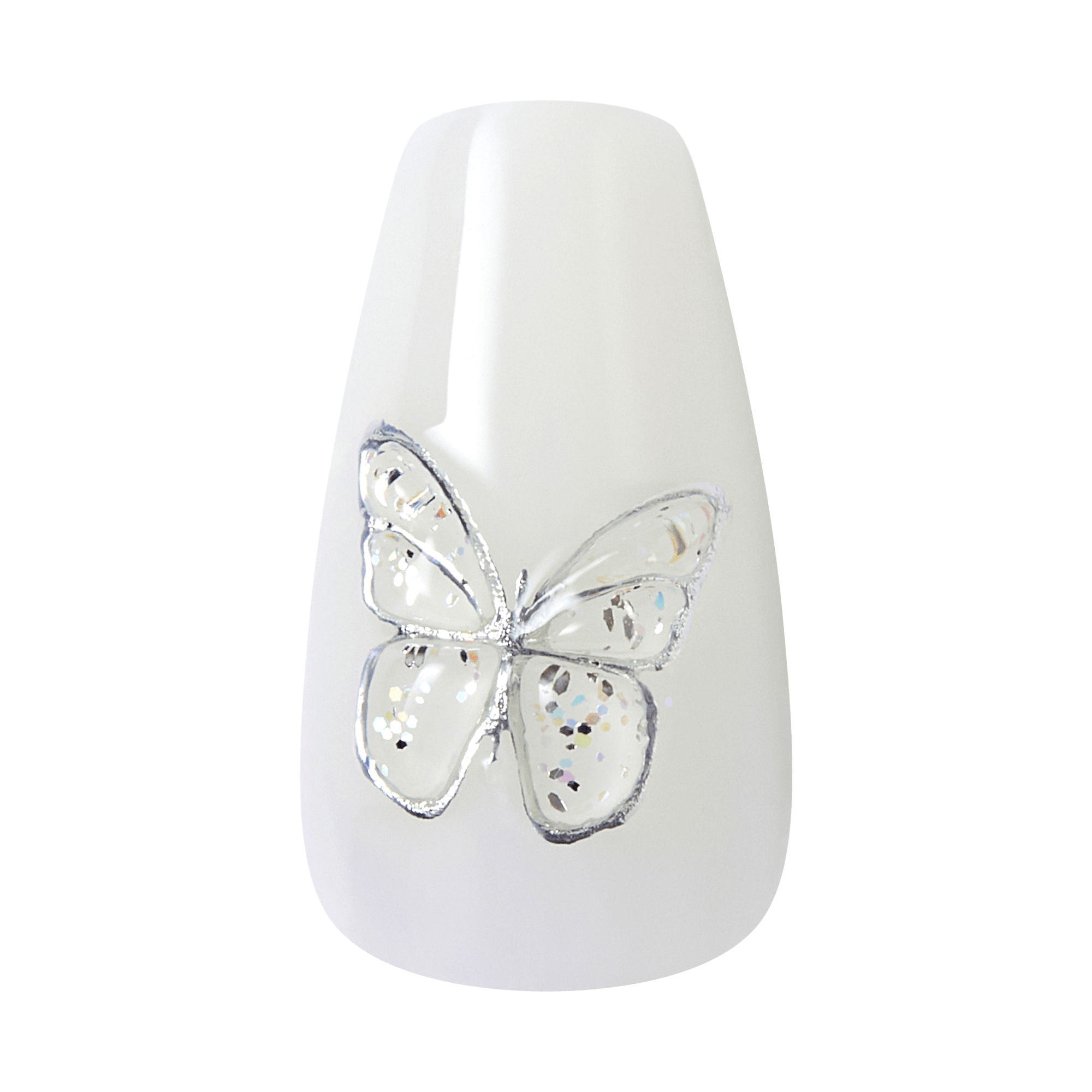 White coffin nail with silver butterfly and rhinestone design.