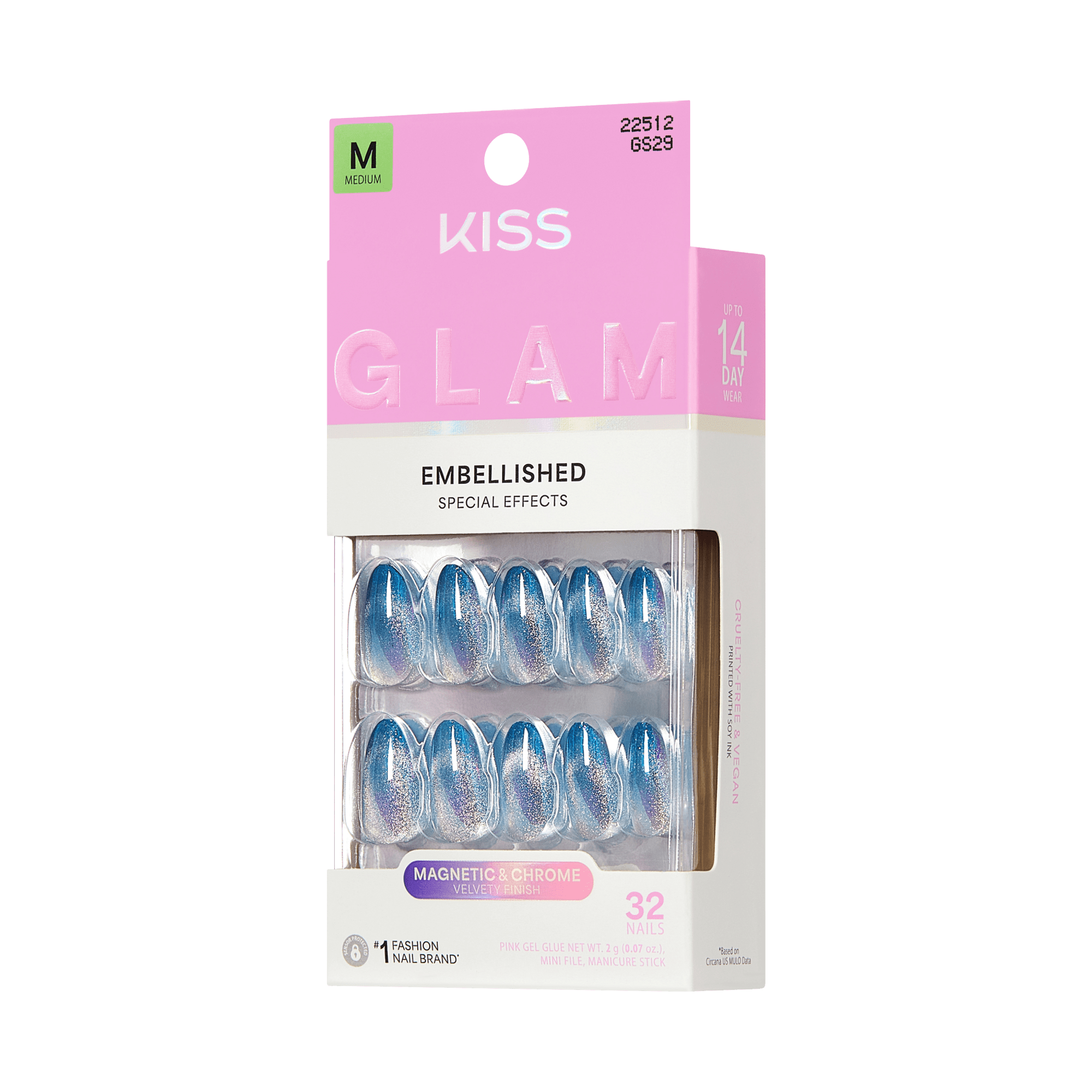 KISS Glam Embellished fake nails, blue magnetic chrome, 32 nails, medium size.