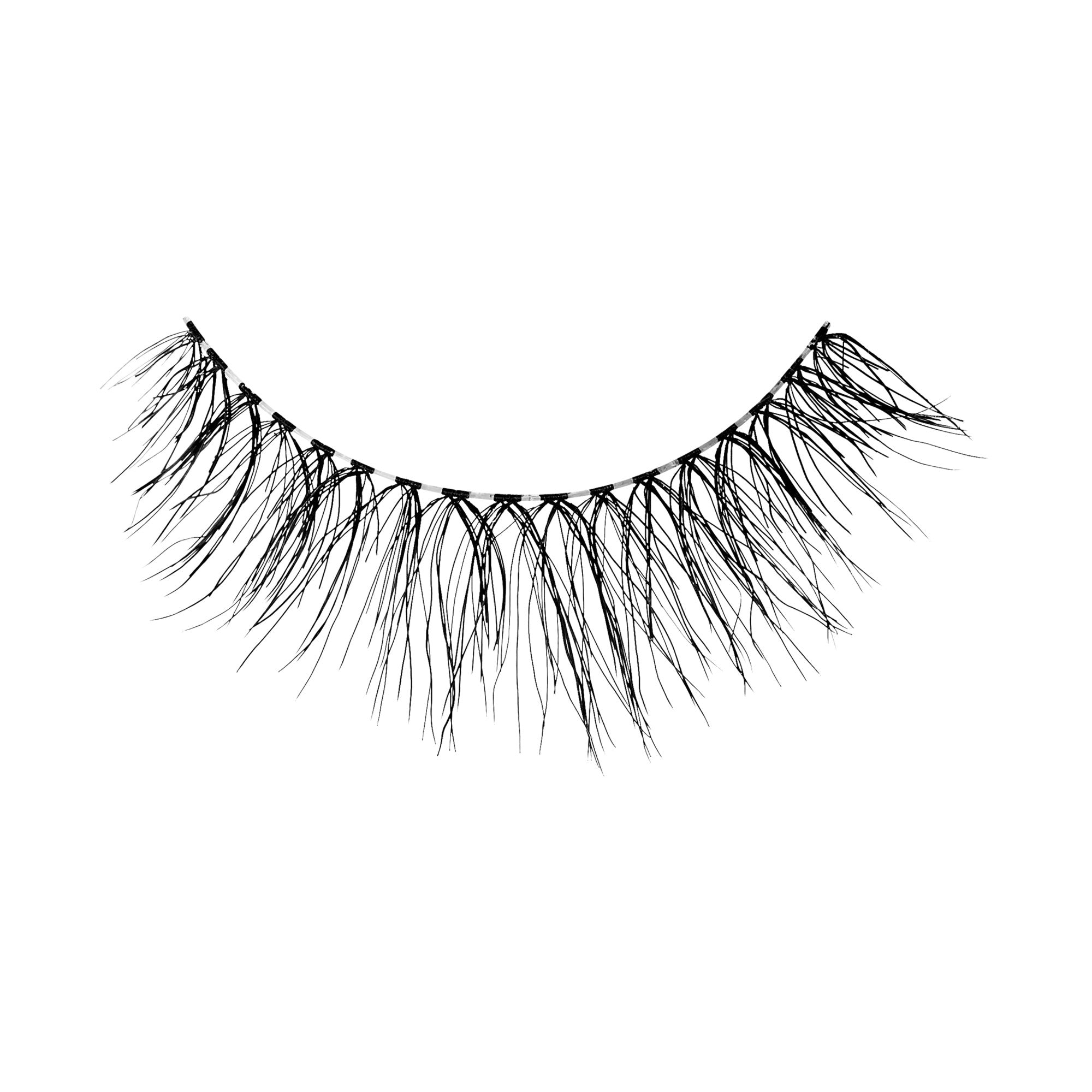 The image features a pair of false eyelashes displayed against a white background. The lashes are long and wispy, with a natural-looking texture. They are arranged in a curved shape, resembling the arch of a human eyelid. The individual strands vary in length, creating a layered effect that adds volume and drama. The overall appearance is elegant and suitable for enhancing eye makeup.