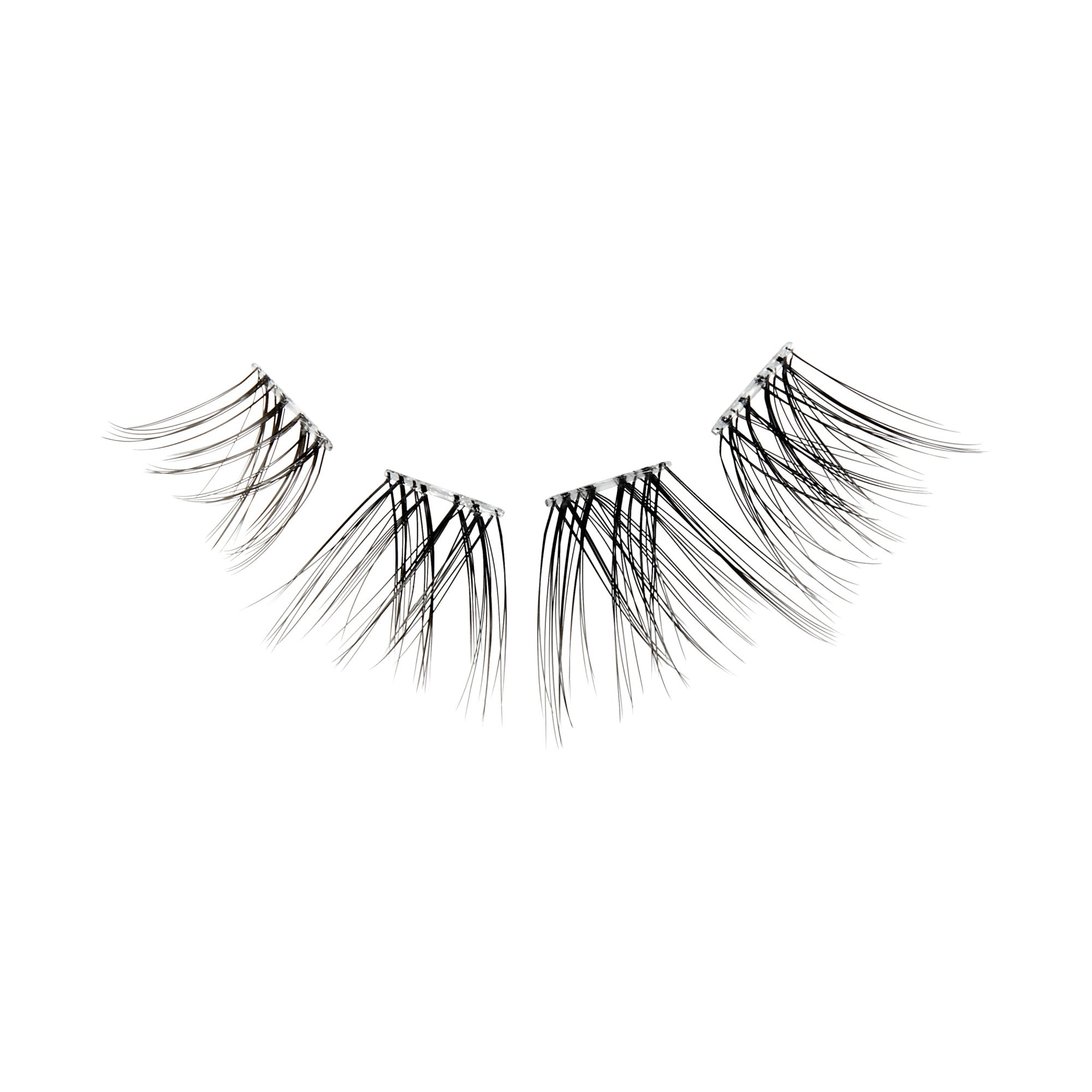 The image features a set of false eyelashes arranged in a curved shape. The lashes are long and wispy, with varying lengths that create a natural look. They are displayed against a plain white background, emphasizing their delicate and intricate design. The lashes appear to be made of synthetic fibers, giving them a soft and feathery appearance.