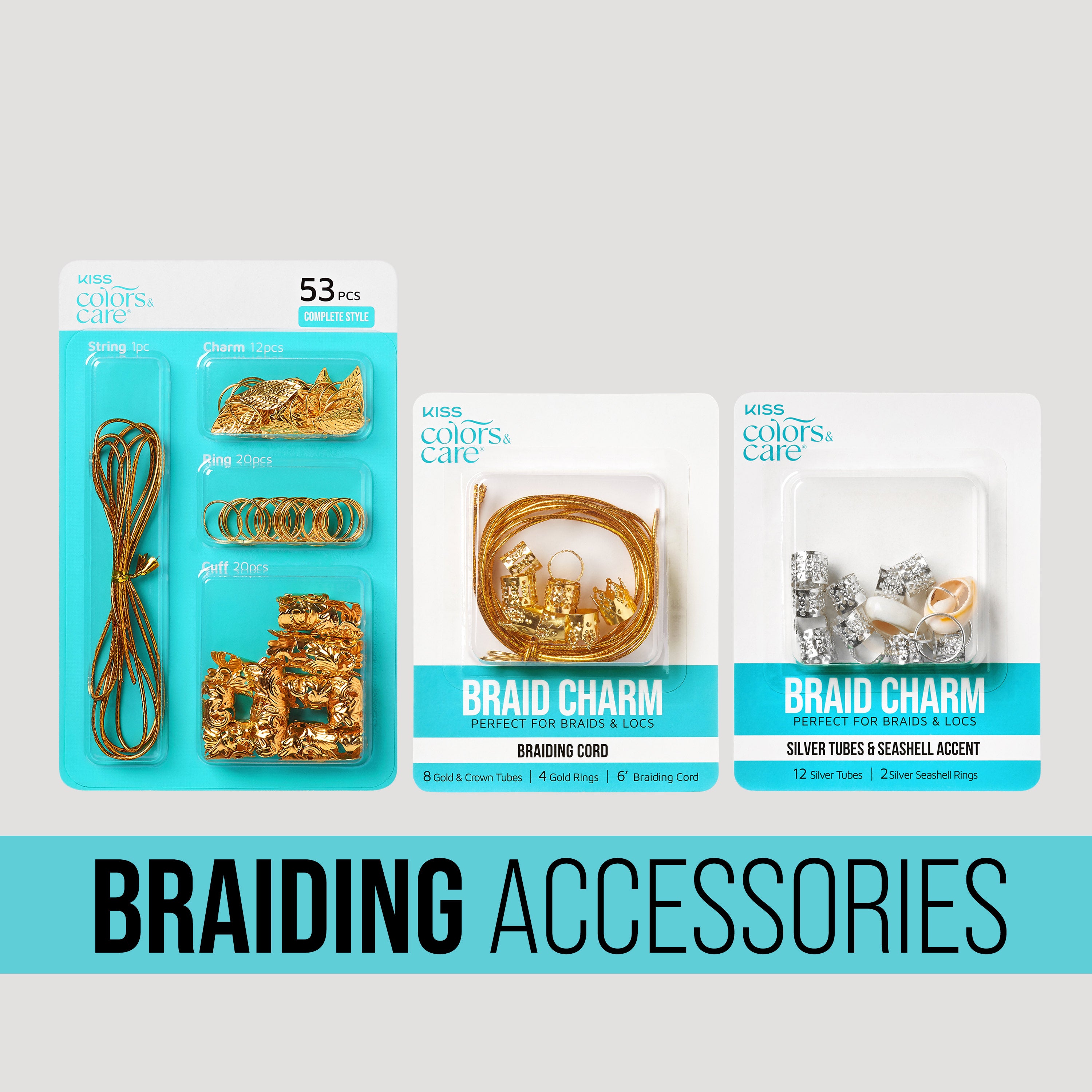 KISS Colors & Care braiding accessories: complete style kit, braid charm sets in gold and silver.