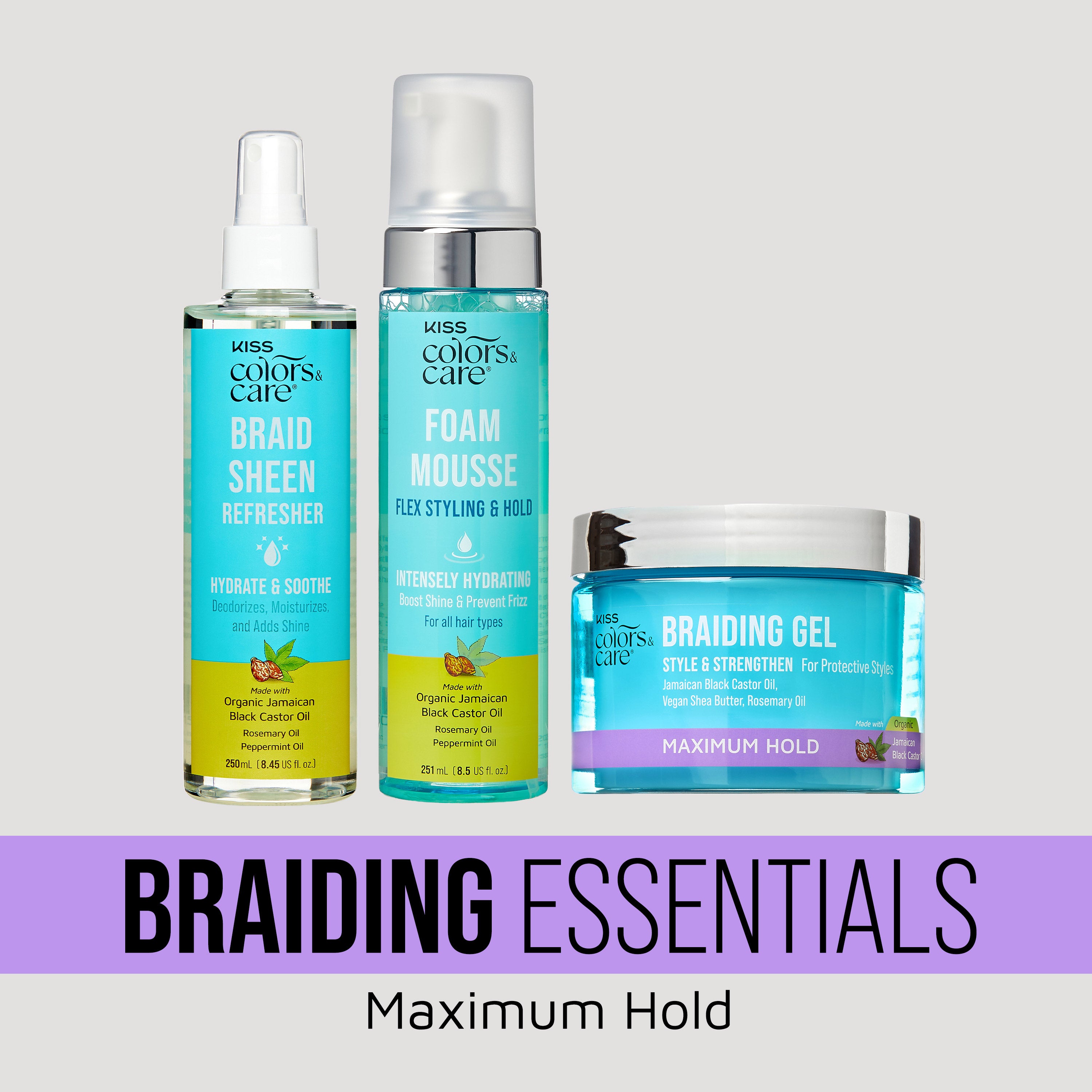 Kiss Colors & Care Braiding Essentials Maximum Hold set with spray, mousse, and gel.
