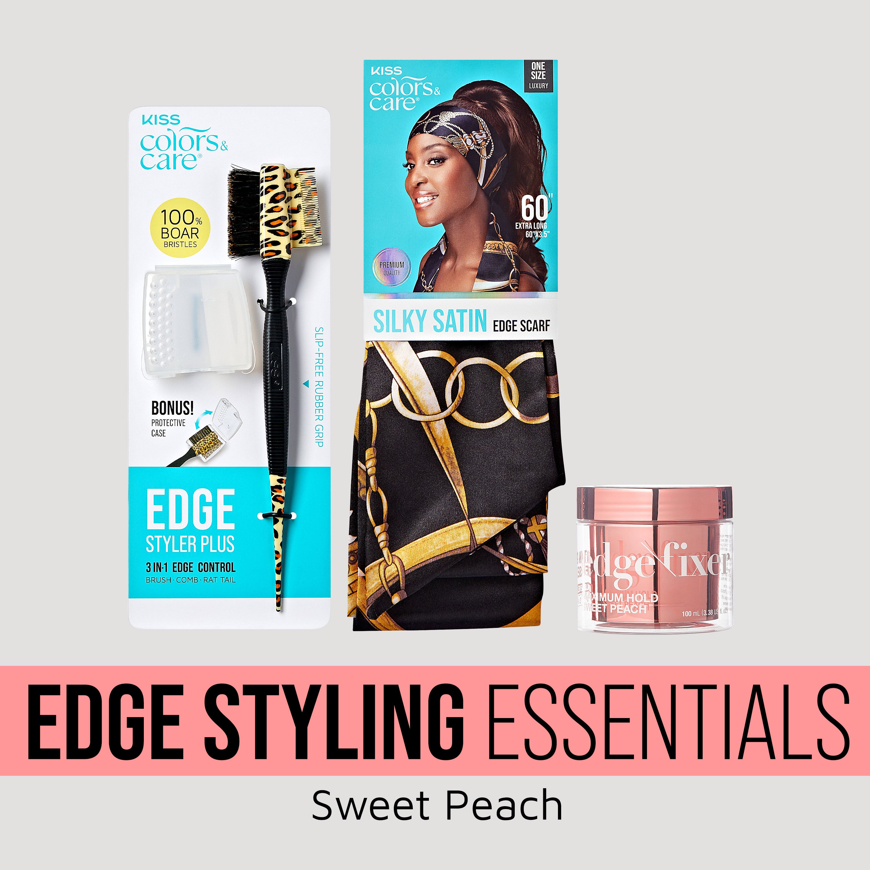 Edge Styling Essentials Sweet Peach bundle: brush, scarf, gel, and wig displayed on gray background.