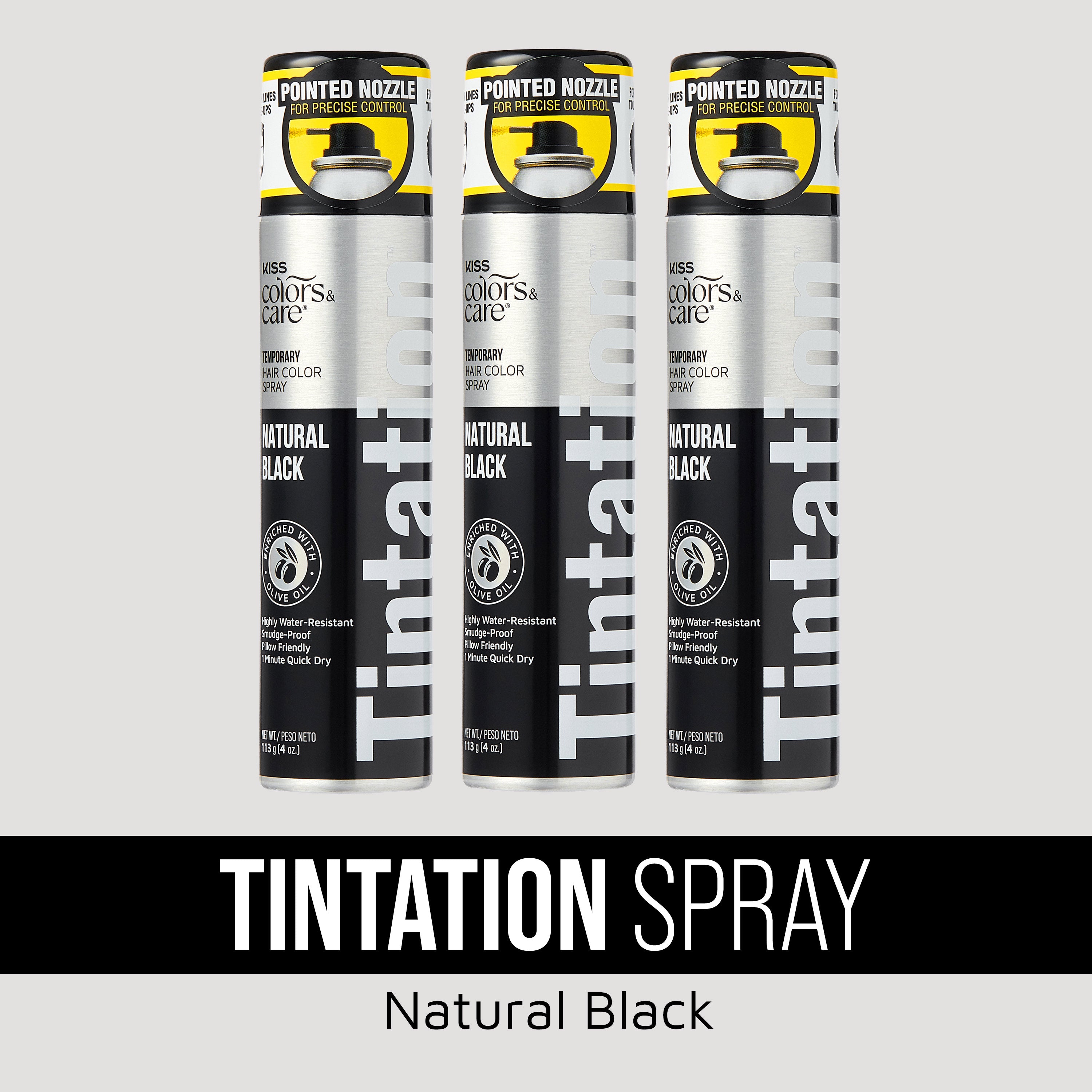 Thats! Natural Black Tintation Spray 3-pack with pointed nozzle for precise hair color application.