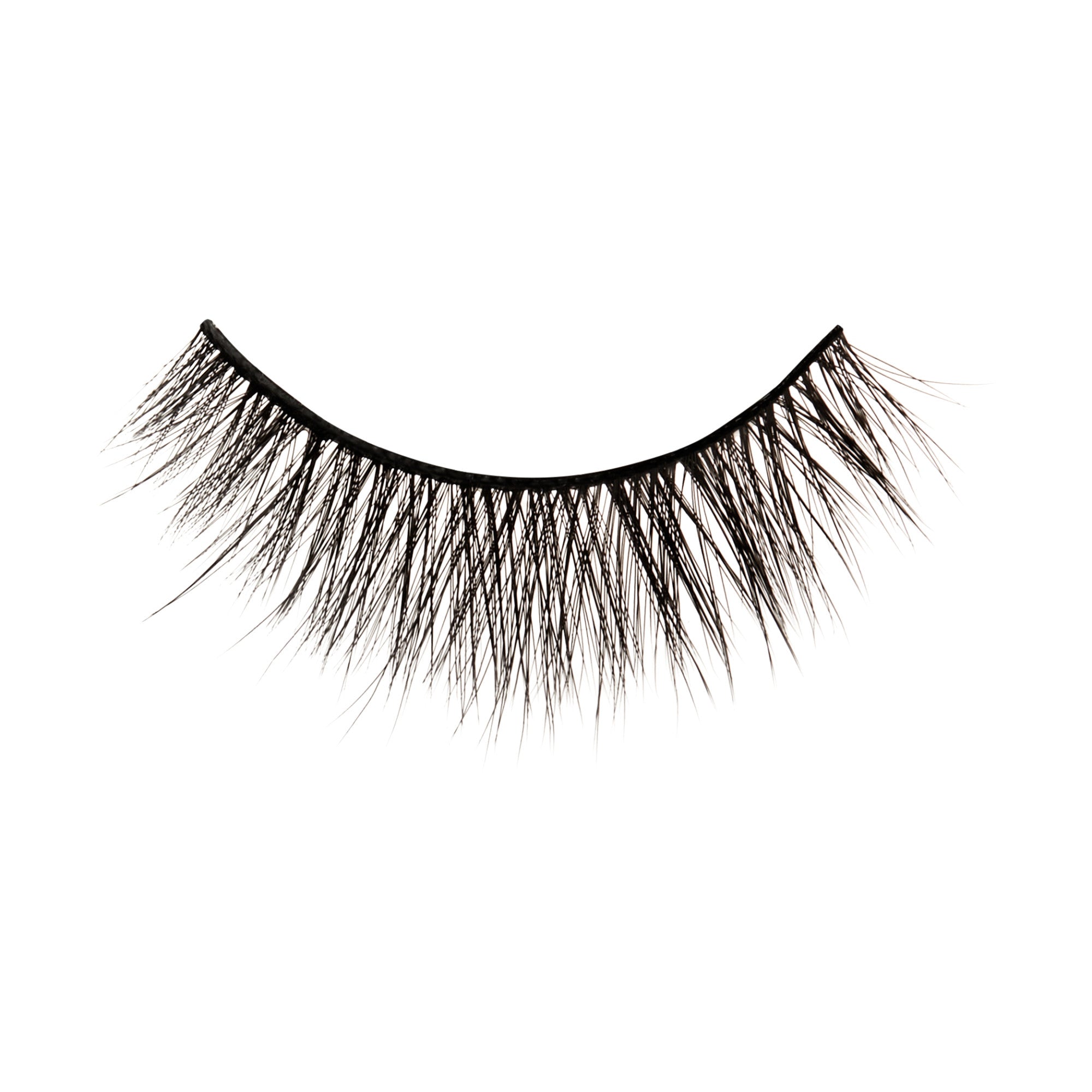 Single black faux mink eyelash with a wispy, natural style, shown against a white background in a curved strip shape.