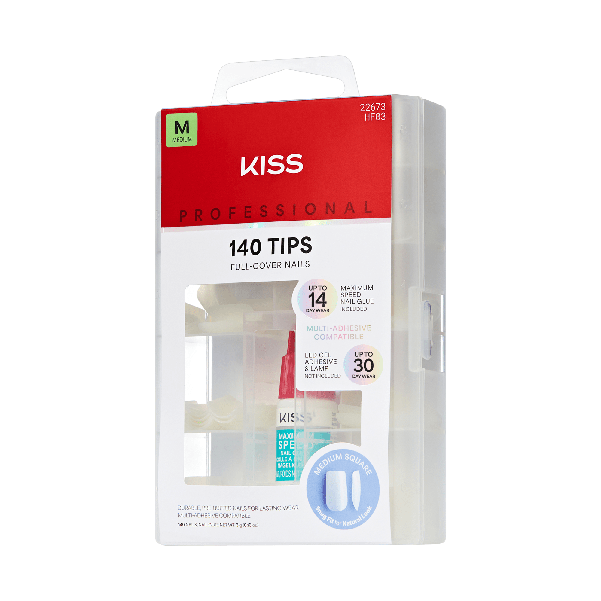 KISS Professional 140 Tips Full-Cover Medium Square Nails with Glue