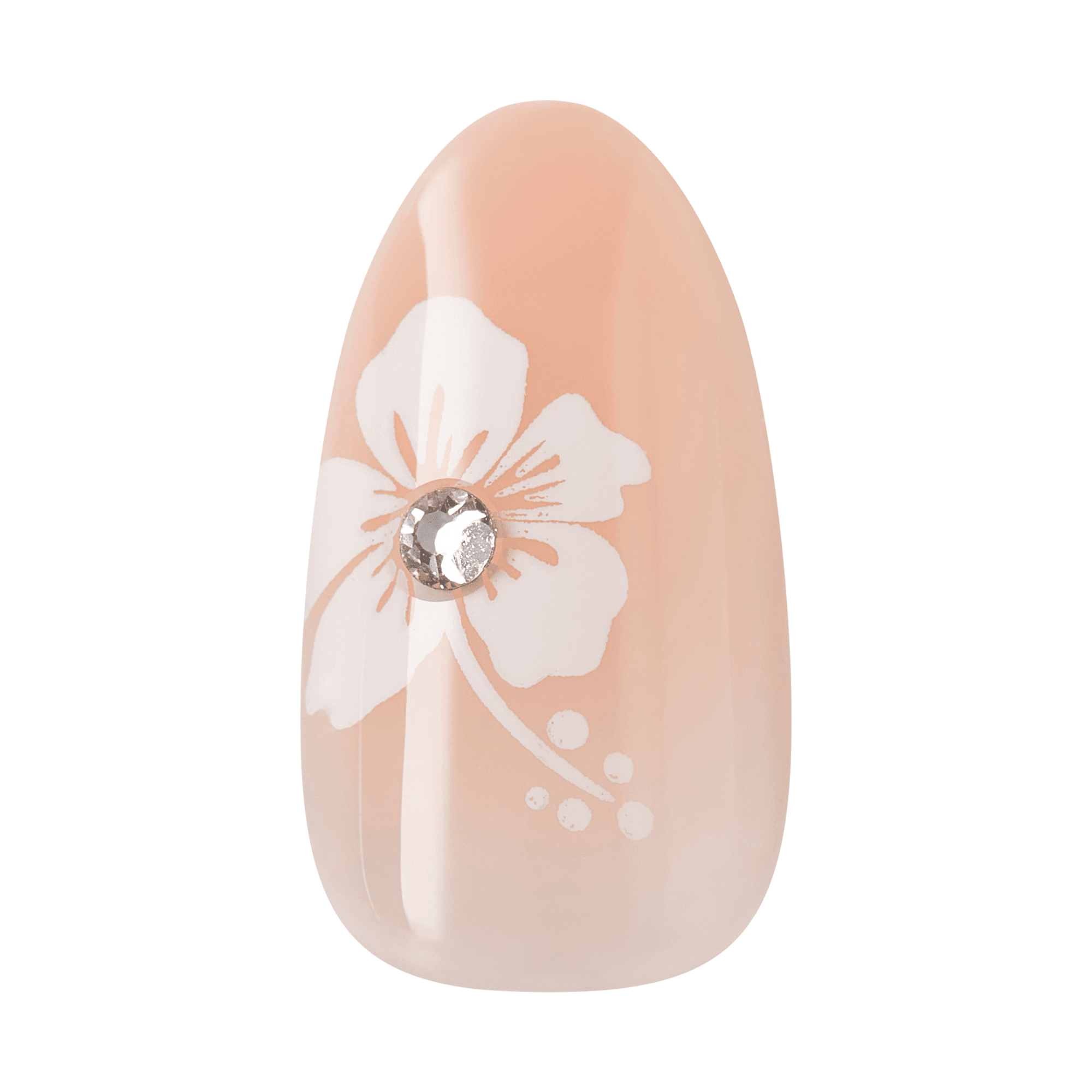 The image features a nail design on a nail tip. The base color is a soft, peachy nude, creating a gentle and elegant look. A white floral design is prominently displayed, featuring a single flower with delicate petals and small dots, adding a touch of femininity. Additionally, there is a sparkling rhinestone placed at the center of the flower, enhancing the overall aesthetic with a bit of glamour. The design is both stylish and sophisticated, perfect for a chic manicure.