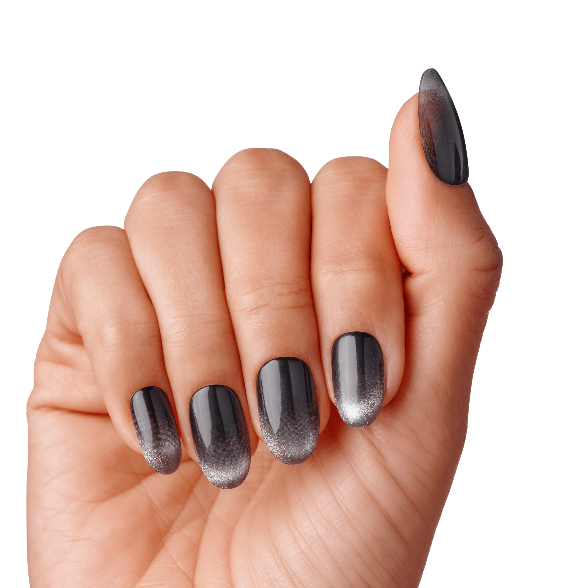 The image features a hand displaying a stylish manicure with long, almond-shaped nails. The nails are painted in a gradient design, transitioning from a deep black at the base to a lighter gray at the tips, creating an ombre effect. The glossy finish adds a sleek and polished look, enhancing the overall elegance of the manicure. The hand is positioned with fingers slightly curled, showcasing the nails prominently against a plain white background.