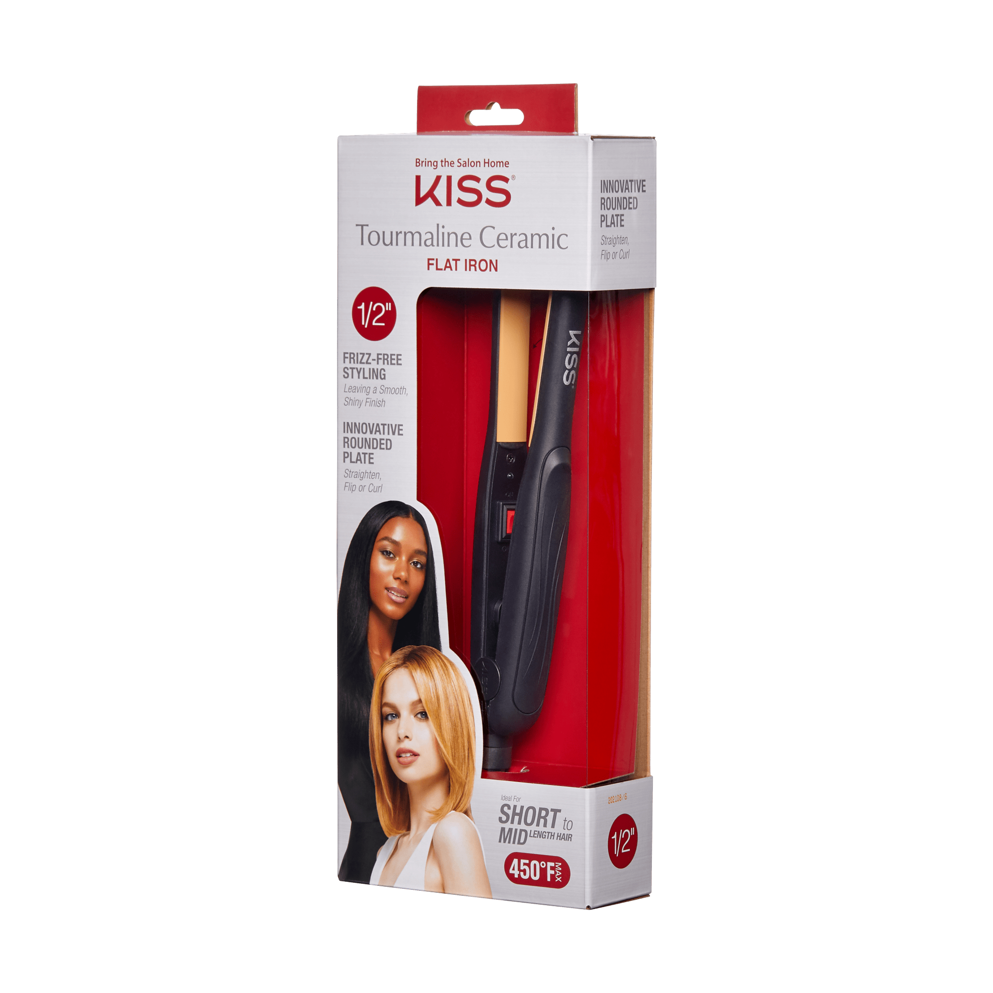 KISS Tourmaline Ceramic Flat Iron in black with orange plates, shown in packaging highlighting 1/2\