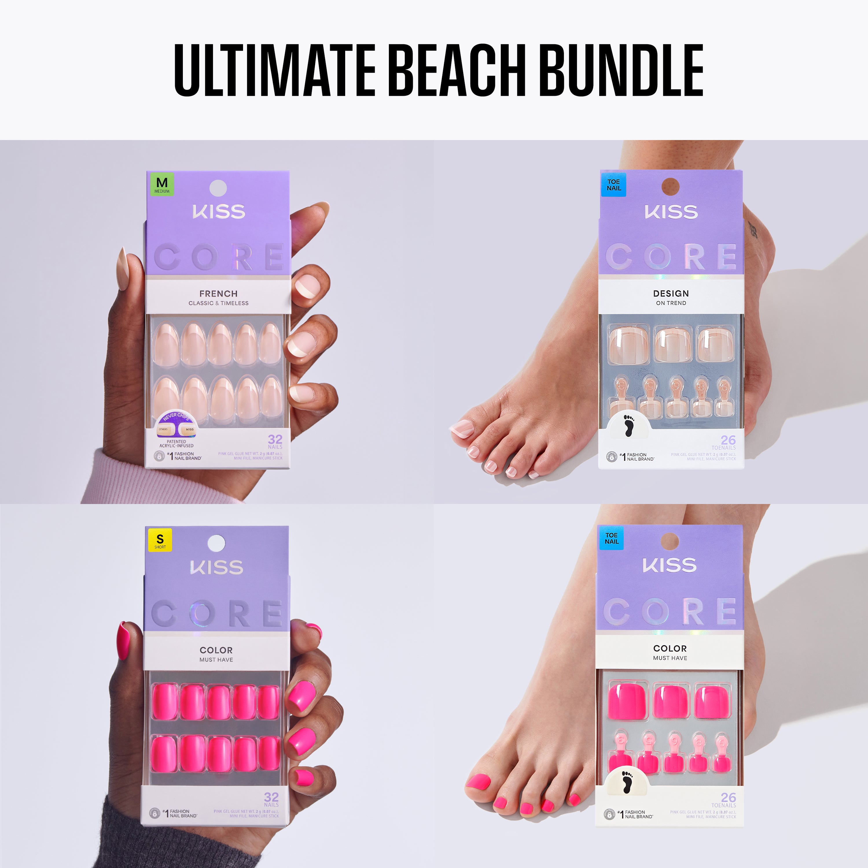 KISS Core nail art packages displayed with hands and feet against a light gray background.