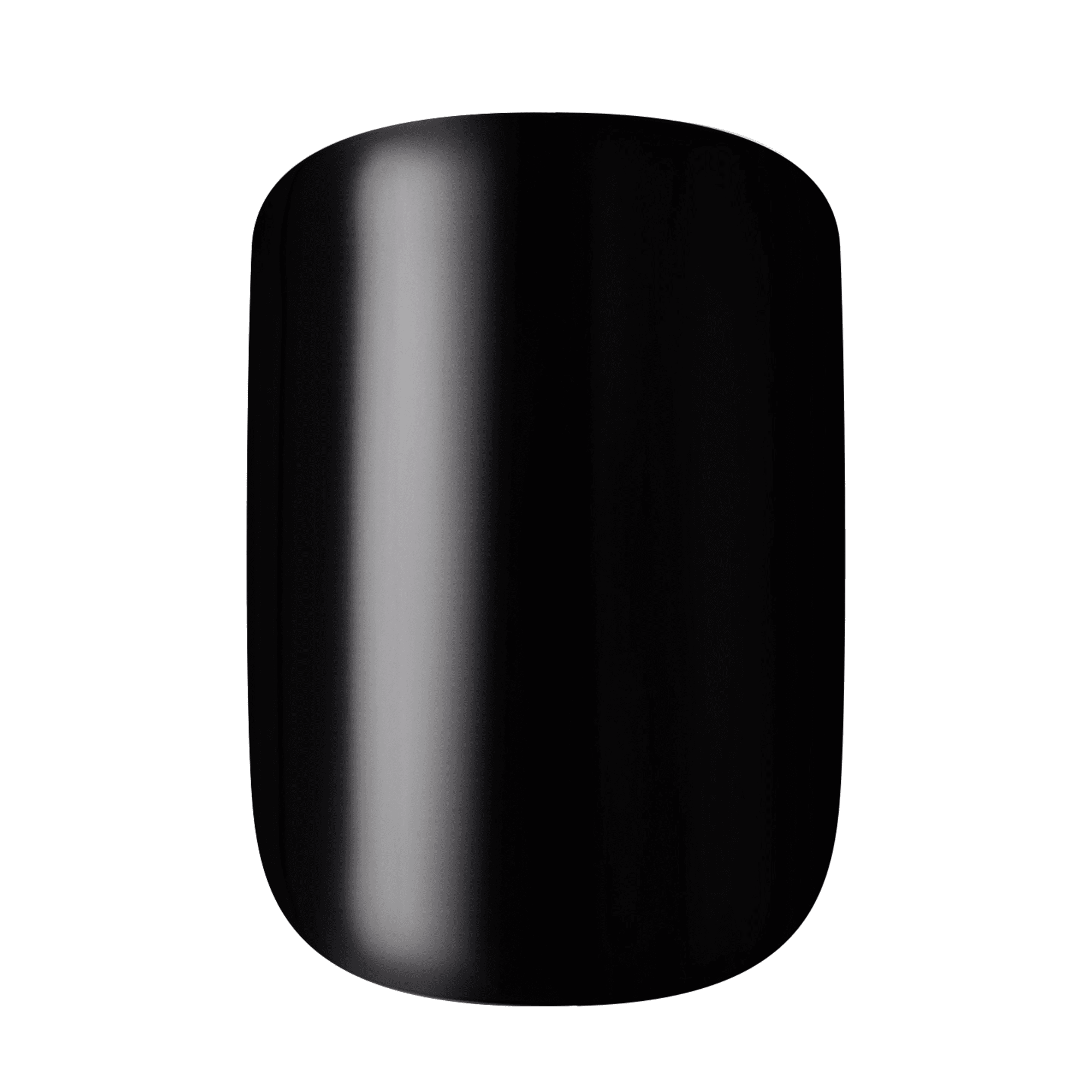 Glossy solid black press-on nail with a rounded square shape shown against a white background.