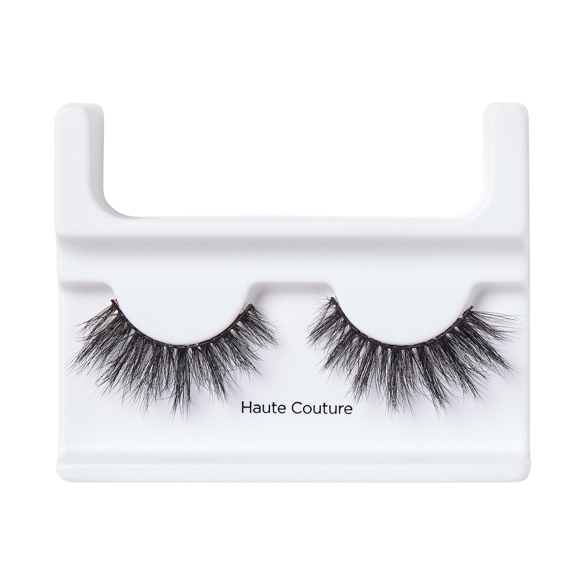 Pair of dense, black false eyelashes labeled \