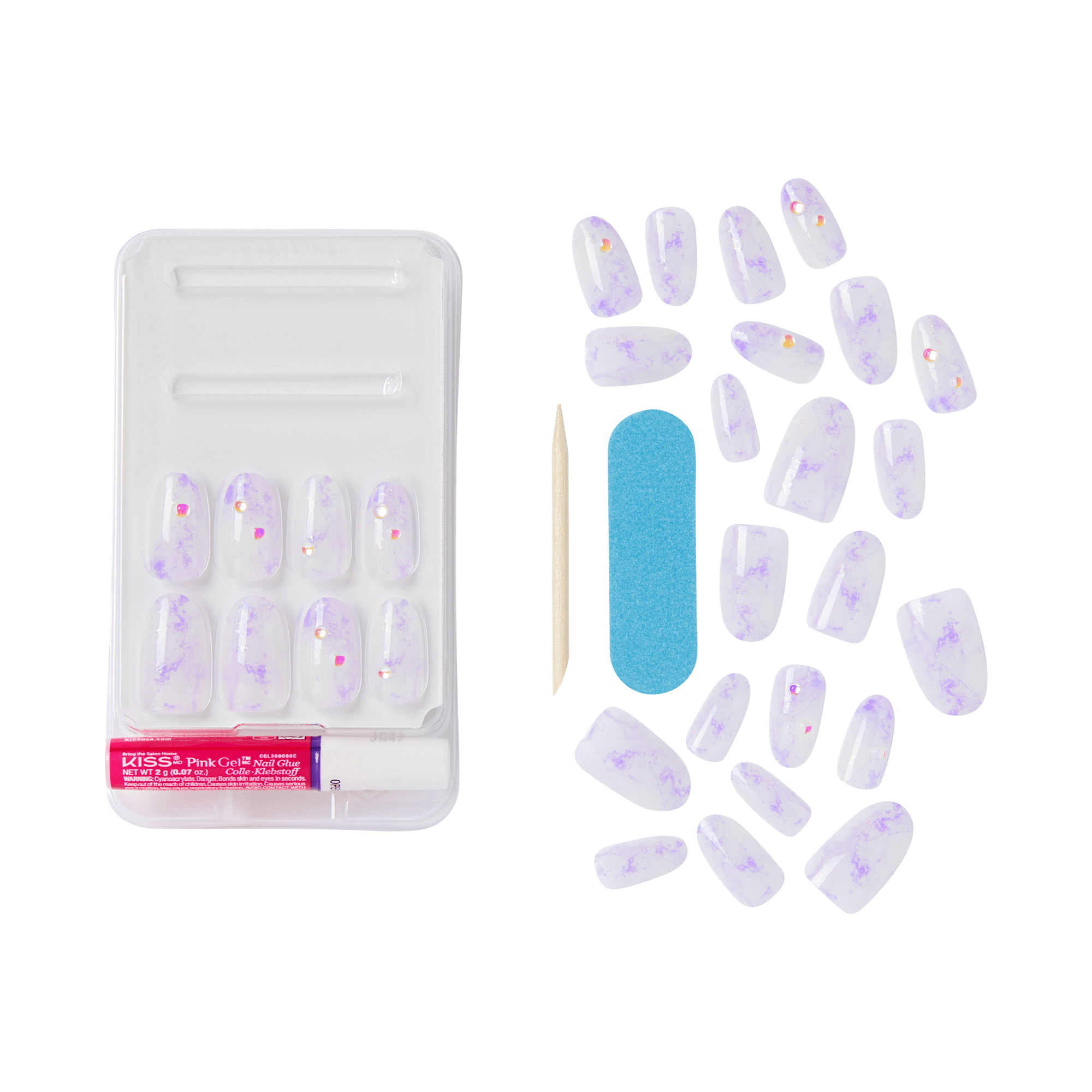 Press-on nail set with purple marbled design and small rhinestones, includes nail glue, wooden cuticle stick, and blue nail file on white tray.