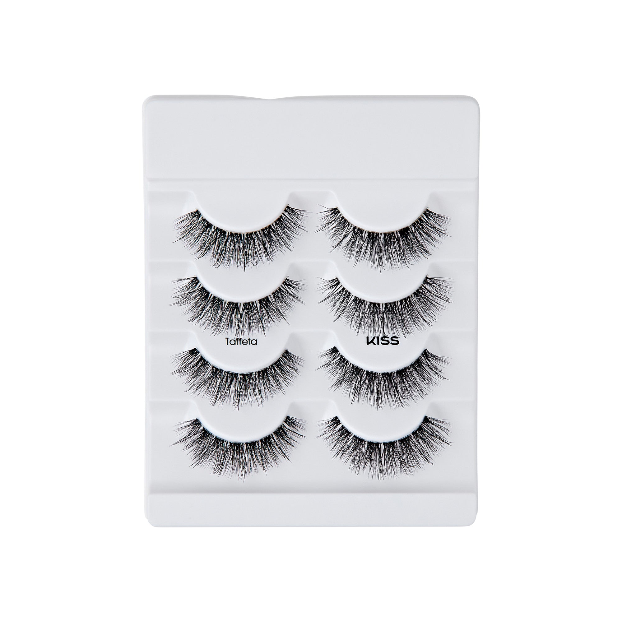 The image shows a package of false eyelashes. The package contains five pairs of eyelashes arranged in a vertical stack. Each pair is neatly placed in a white plastic tray with a slight curve to hold the lashes in shape. The lashes are labeled "Taffeta" and are from the brand "KISS." The eyelashes are voluminous and have a natural, wispy appearance, with varying lengths to create a fuller look. The packaging is simple and clean, emphasizing the product.