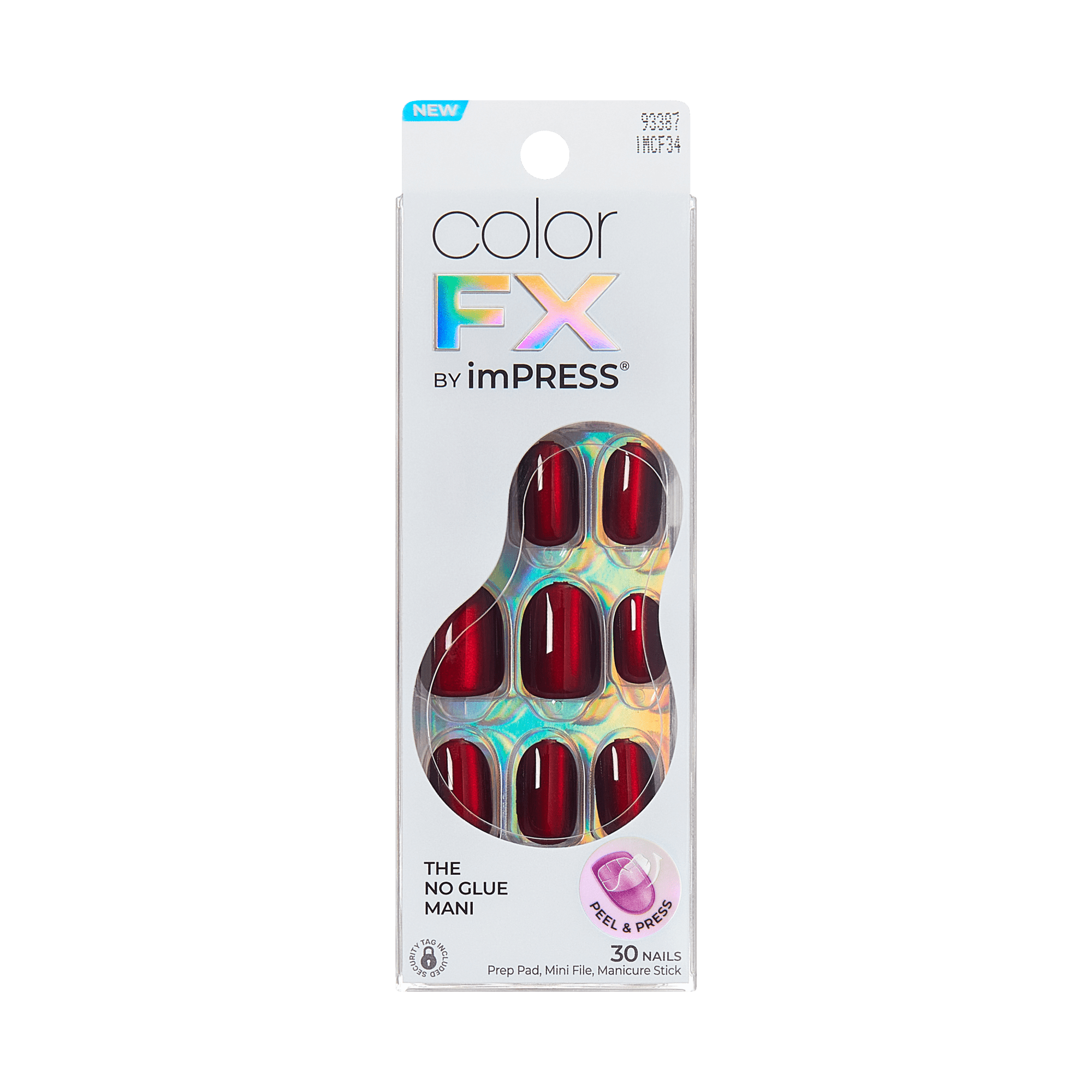 colorFX by imPRESS press-on nails in deep red shade called Hidden Gem, displayed in white packaging with holographic FX text and “The No Glue Mani” tagline.