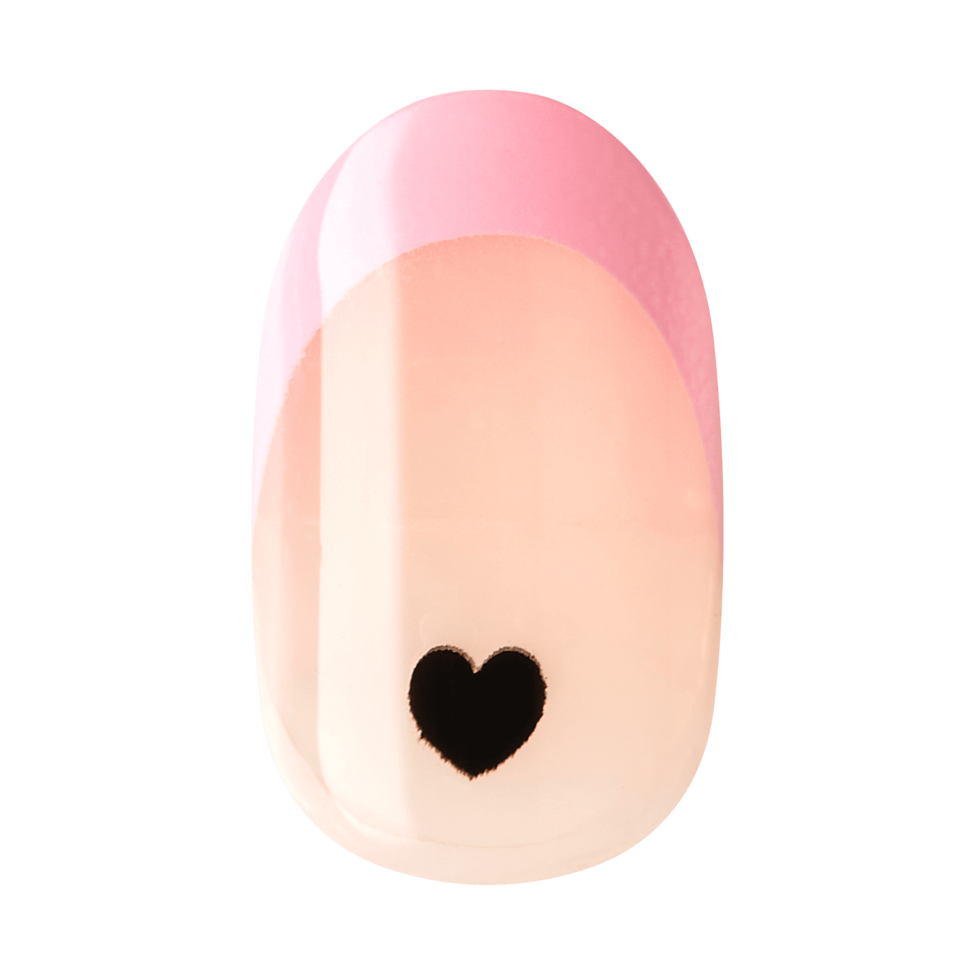 The image shows a single artificial nail with a design. The nail has a glossy finish and features a light pink base color. The tip of the nail is painted with a bright pink French tip. Near the center of the nail, there is a small black heart design. The overall look is simple yet elegant, combining a classic French manicure style with a cute heart accent.