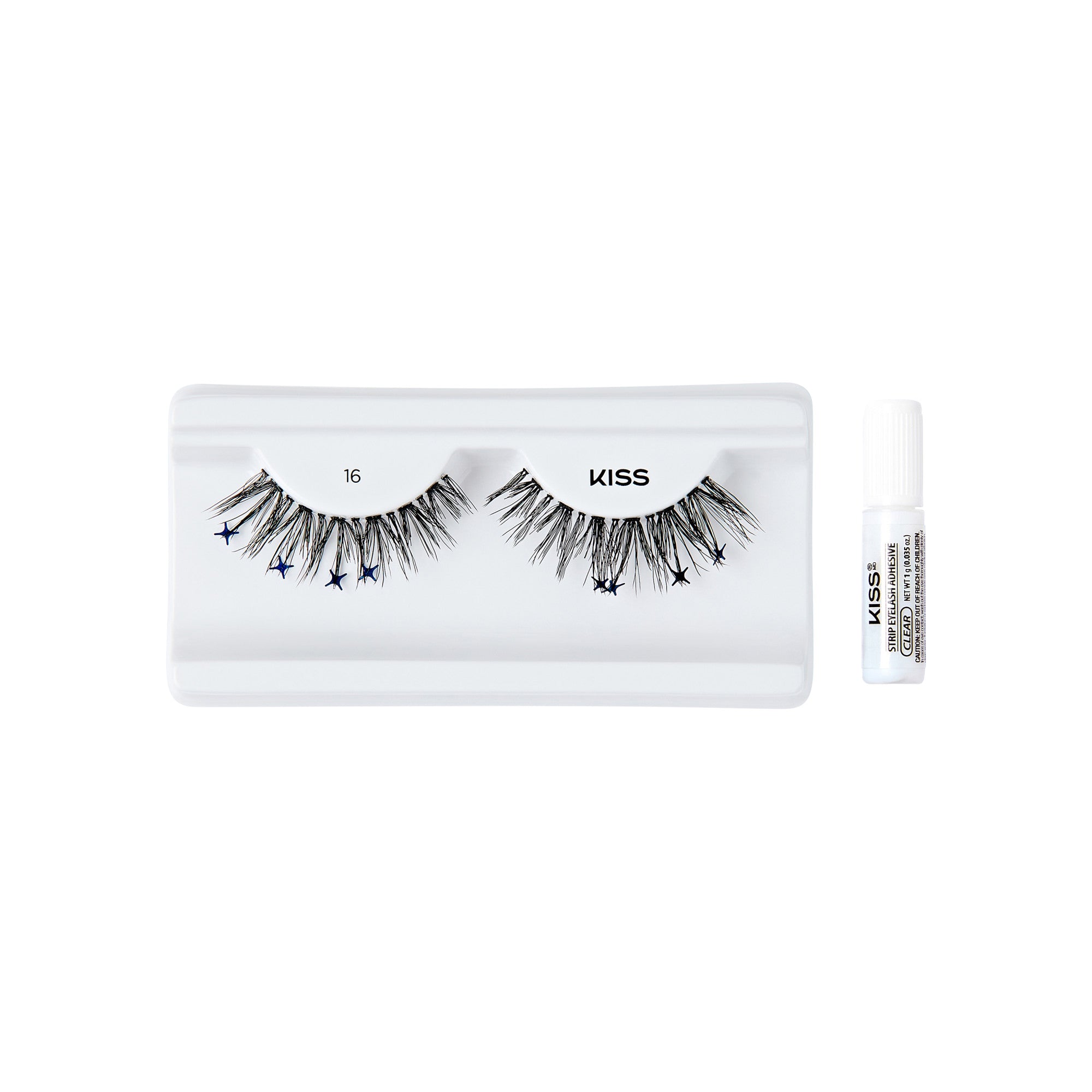 The image shows a set of false eyelashes from the brand "KISS." The eyelashes are displayed on a white plastic tray, with each lash having a unique design that includes small star-shaped decorations. The tray is labeled with the number "16." To the right of the tray, there is a small tube of adhesive glue, also branded with "KISS," which is used to apply the false eyelashes. The overall presentation is clean and minimalistic, highlighting the decorative eyelashes and the accompanying adhesive.