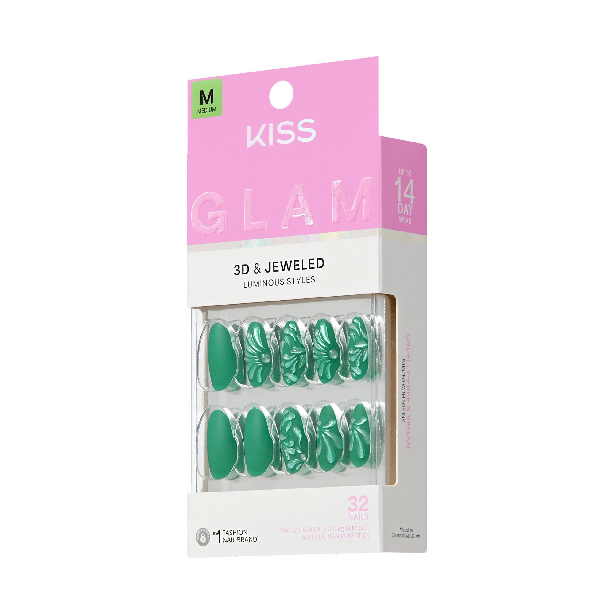 KISS Glam 3D & Jeweled Luminous Styles press-on nails packaging, Medium size, 32 nails, dark green almond nails with white embossed floral designs on transparent background