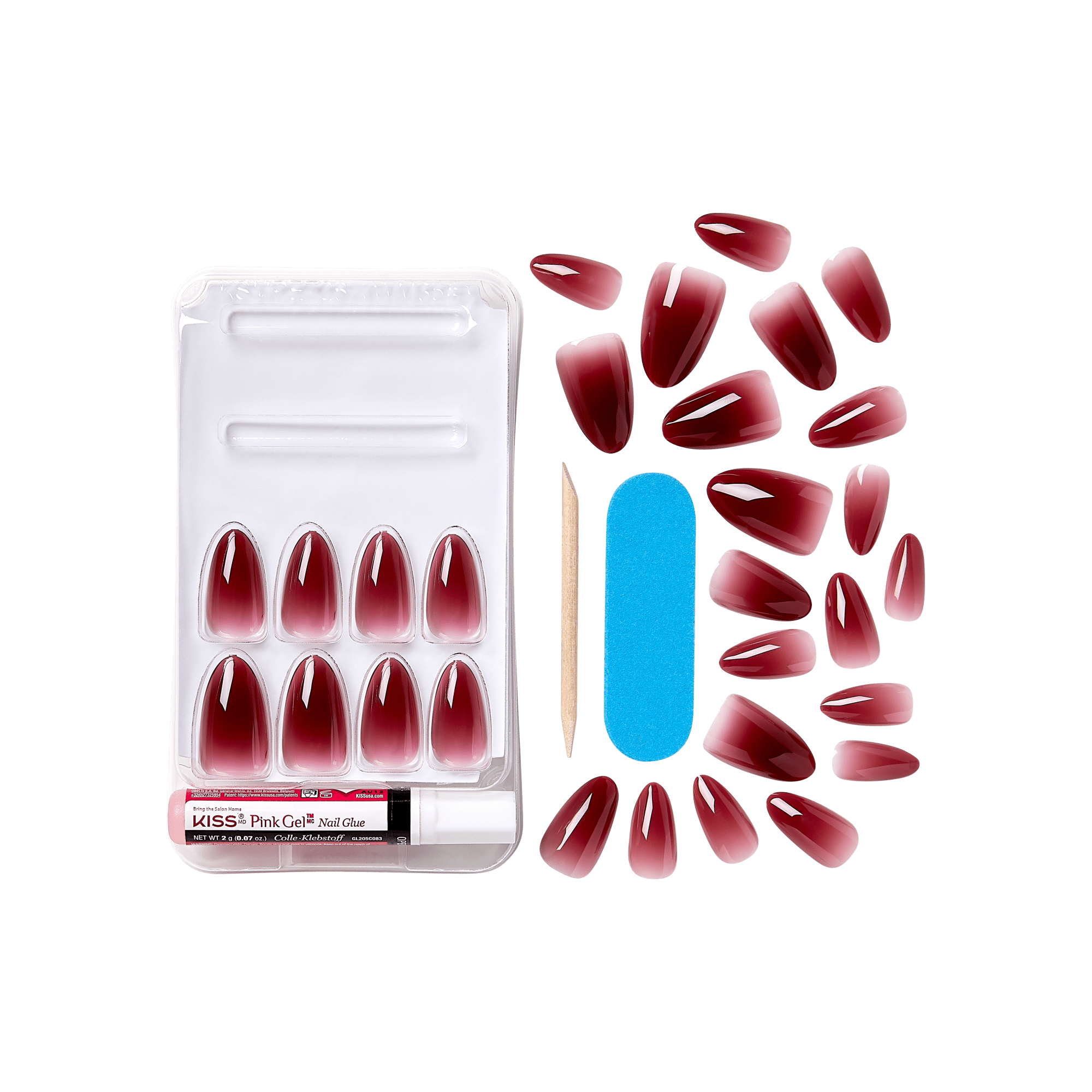 The image shows a set of artificial nails and related accessories. The set includes multiple red gradient false nails, arranged in a neat layout. There is a plastic tray holding some of the nails, and additional nails are scattered around it. The set also includes a small tube of nail glue labeled "KISS Pink Gel Nail Glue," a blue nail file, and a wooden cuticle stick. The nails have a glossy finish and are designed to be applied to natural nails using the provided glue.