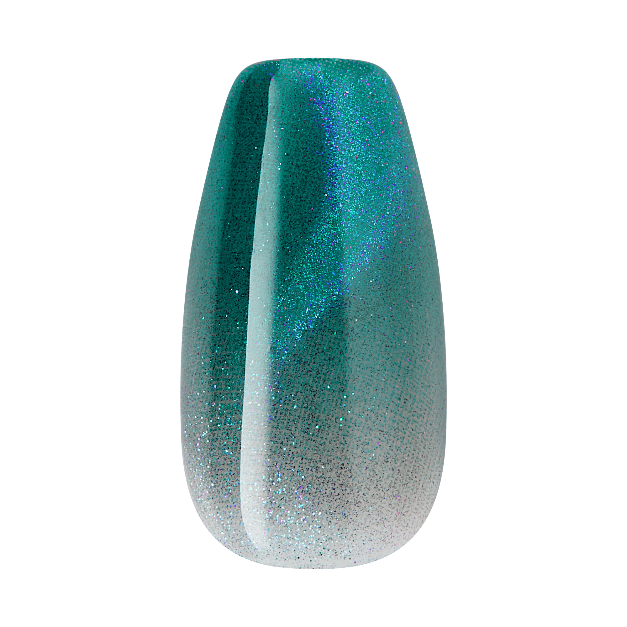 The image features a nail polish bottle with a unique design. The polish has a gradient effect, transitioning from a deep teal at the top to a lighter, almost white shade at the bottom. The surface is shimmering with fine glitter particles that catch the light, creating a sparkling appearance. The overall shape of the bottle is smooth and rounded, tapering towards the top. This combination of colors and textures gives it a vibrant and eye-catching look.