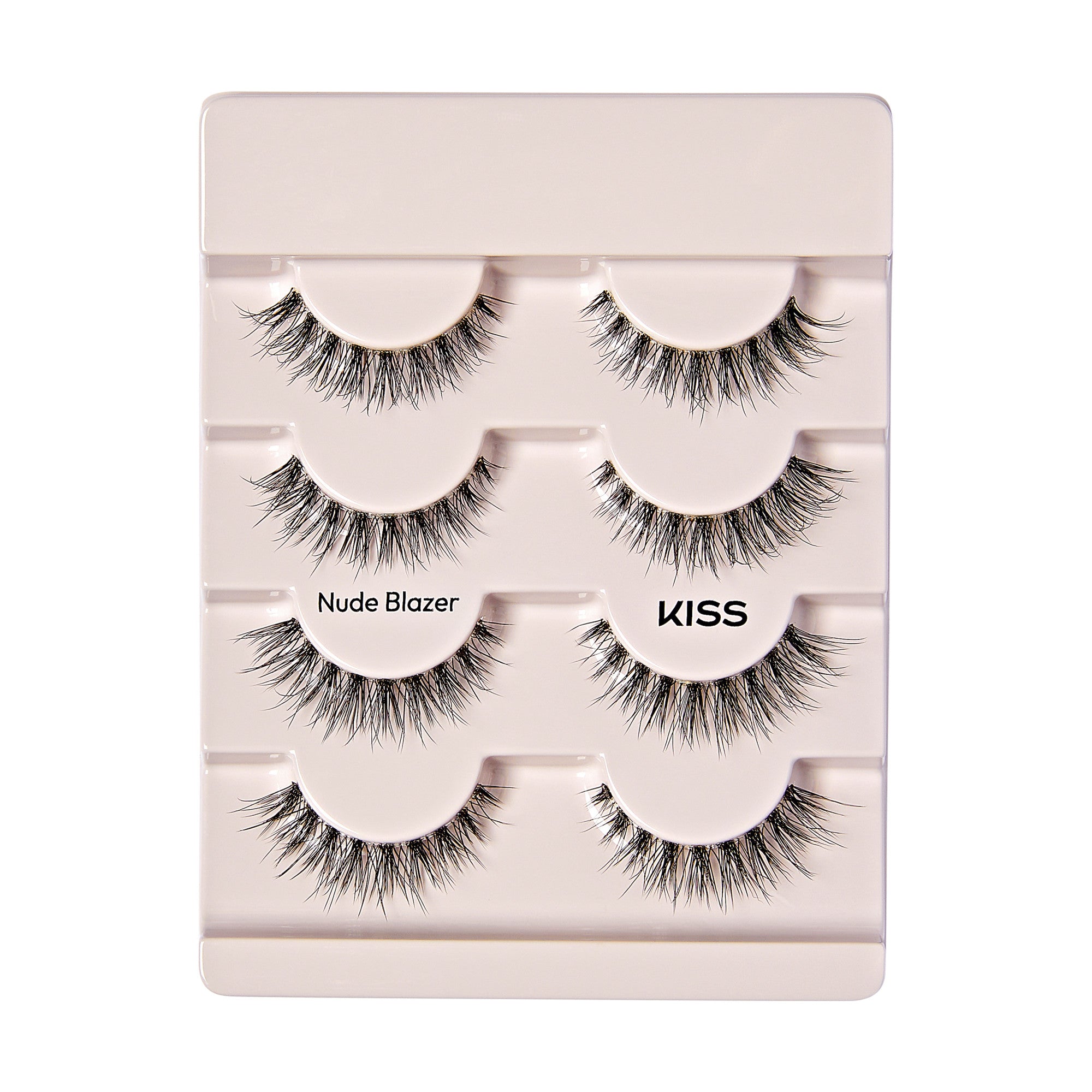 The image shows a package of false eyelashes from the brand "KISS." The package contains five pairs of eyelashes, neatly arranged in a vertical layout. Each pair of eyelashes is designed to look voluminous and natural, with a mix of shorter and longer strands to create a fuller effect. The packaging is light-colored, and the style name "Nude Blazer" is printed on the second pair from the top. The brand name "KISS" is printed on the third pair from the top.
