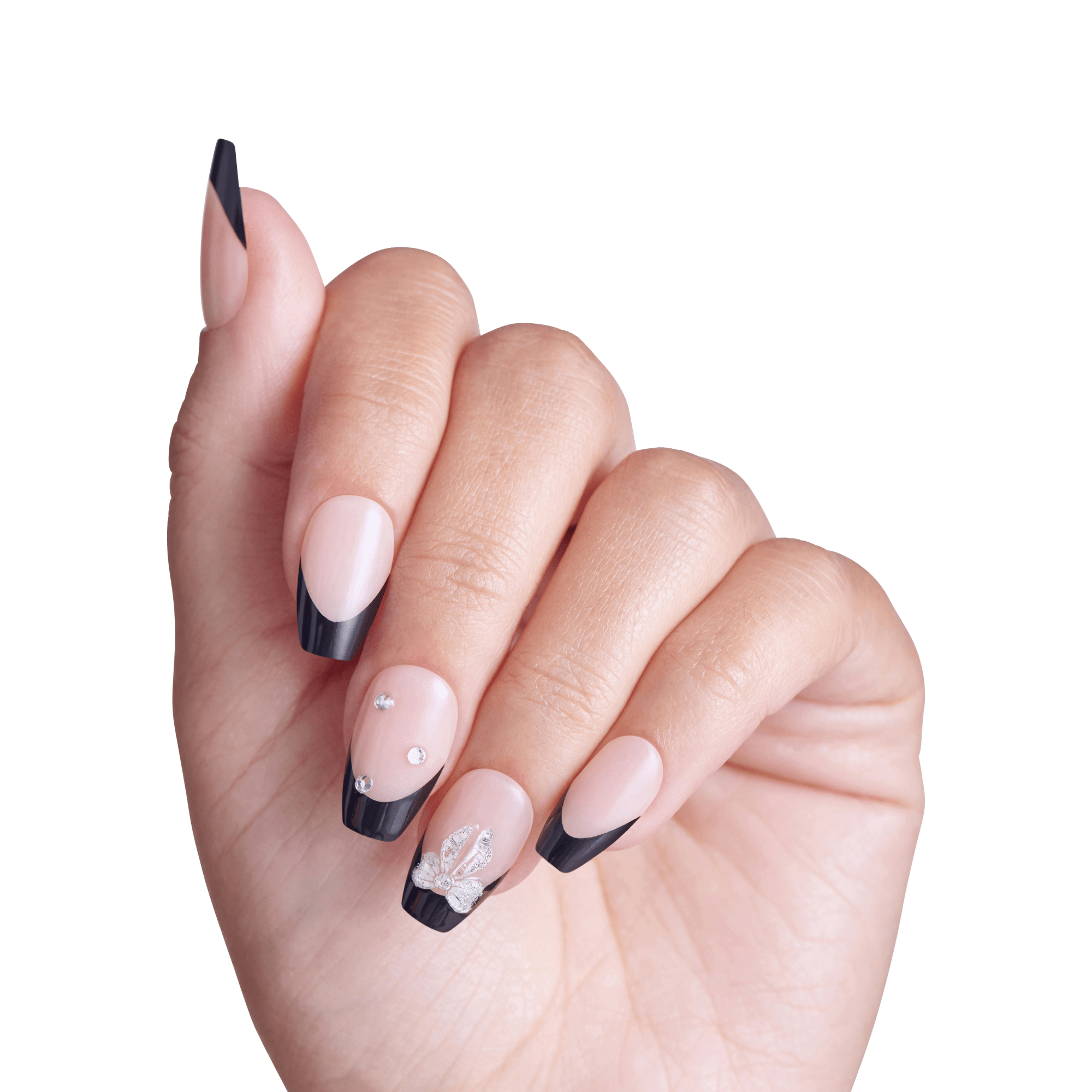 Pink and black ombre nails with rhinestone accents and glitter details.