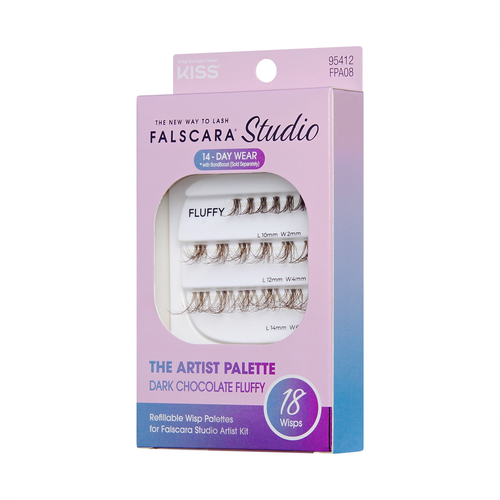 The image features a packaging for "Falscara Studio" by KISS, specifically the "Artist Palette" in "Dark Chocolate Fluffy." The box is designed for 14-day wear and contains 18 wisps. The packaging is predominantly pastel colors, with a gradient from purple to pink. It highlights the product&