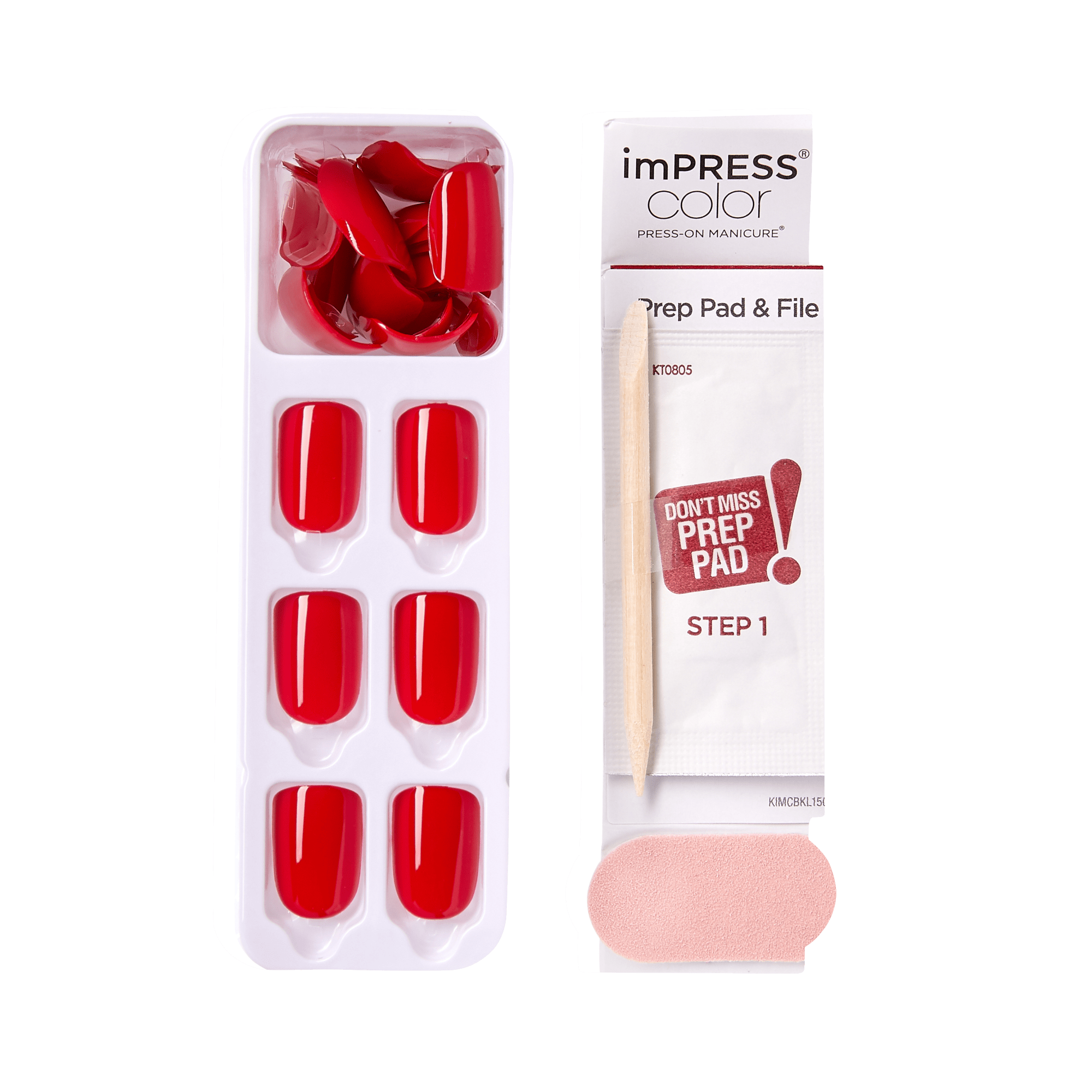 Bright red press-on nails displayed in a white tray alongside an imPRESS color prep pad and nail file kit with a wooden stick, labeled \